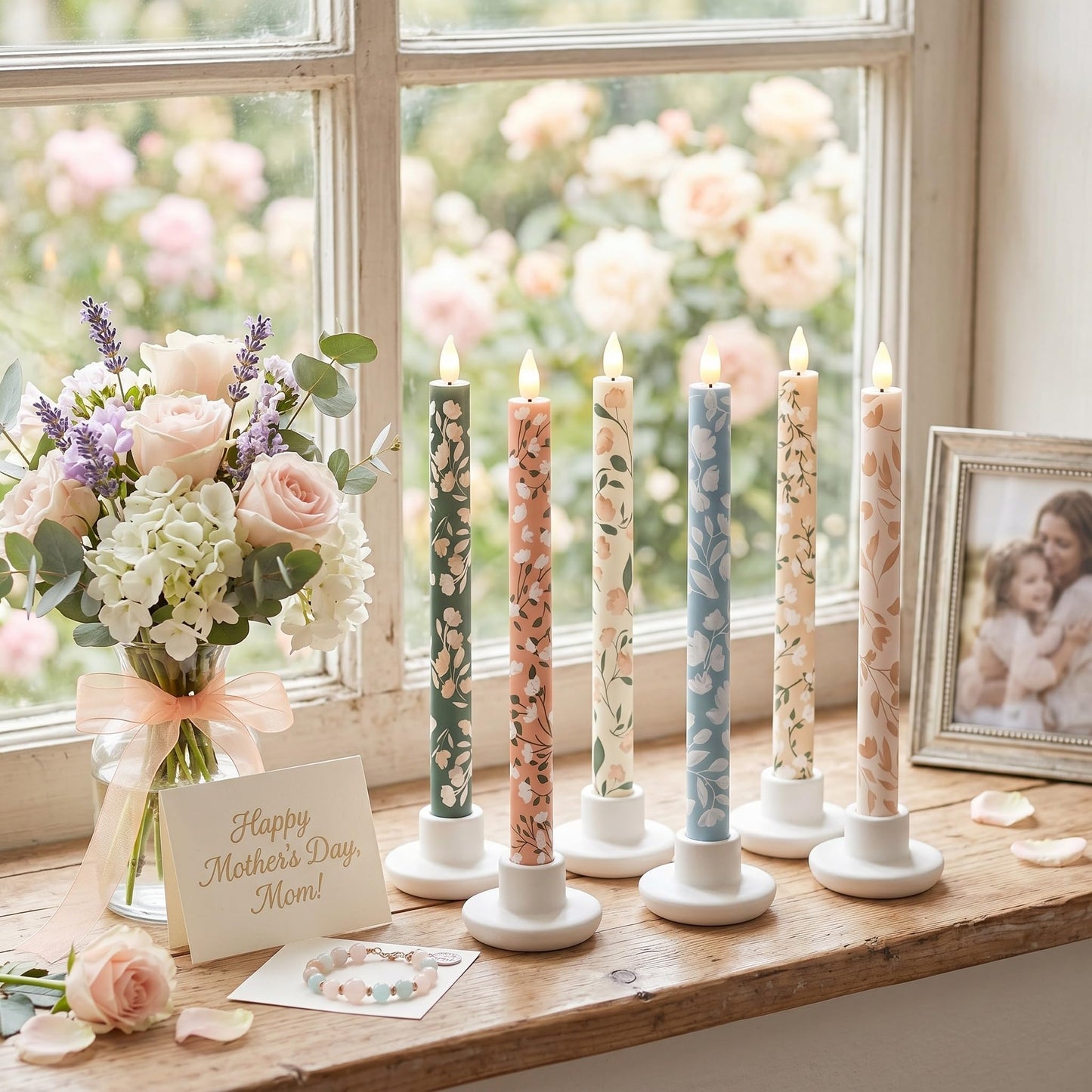 Honoson 6 Pcs Mother's Day Flameless Taper Candles 10.6 Inch Pastel Spring Flower Candles Battery Operated LED Candlesticks for Mother's Day Dinner Table Home Party Decor