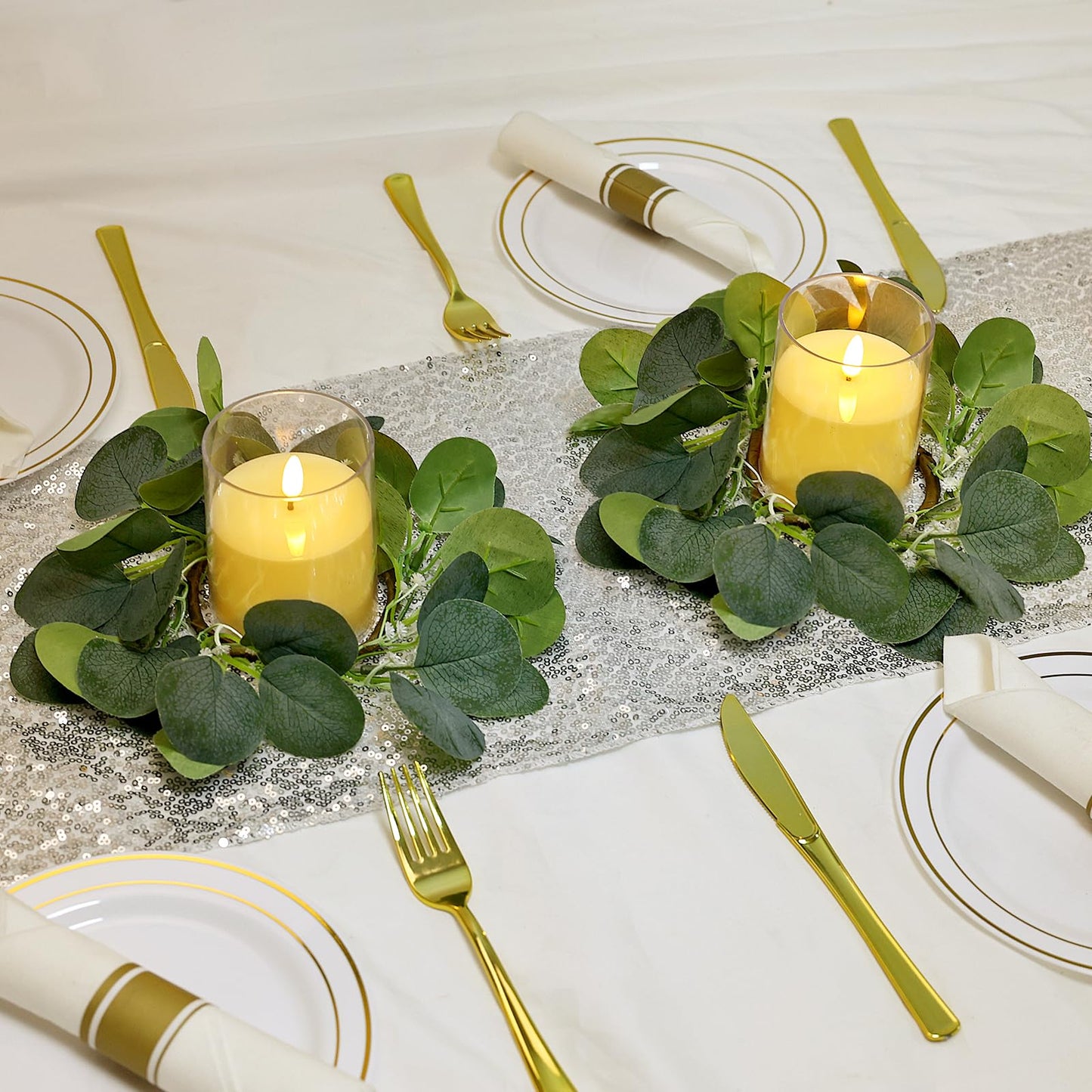 Tobilu 20 PCS Candle Rings - Artificial Eucalyptus Leaves Candle Wreaths Greenery for Pillar Fireplace Wedding Table Centerpieces Farmhouse Home Kitchen Decor