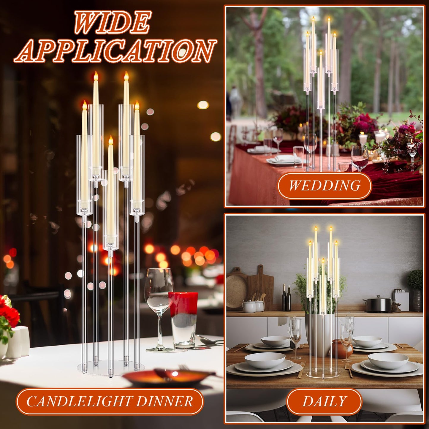 Barydat 4 Pcs Acrylic Candelabra Centerpieces Clear Taper Candle Candlestick Holder Crystal 5 Arm Candlesticks Holder with Acrylic Shade Pillar Fit 0.87" LED Candle for Wedding Dinner Party (Clear)