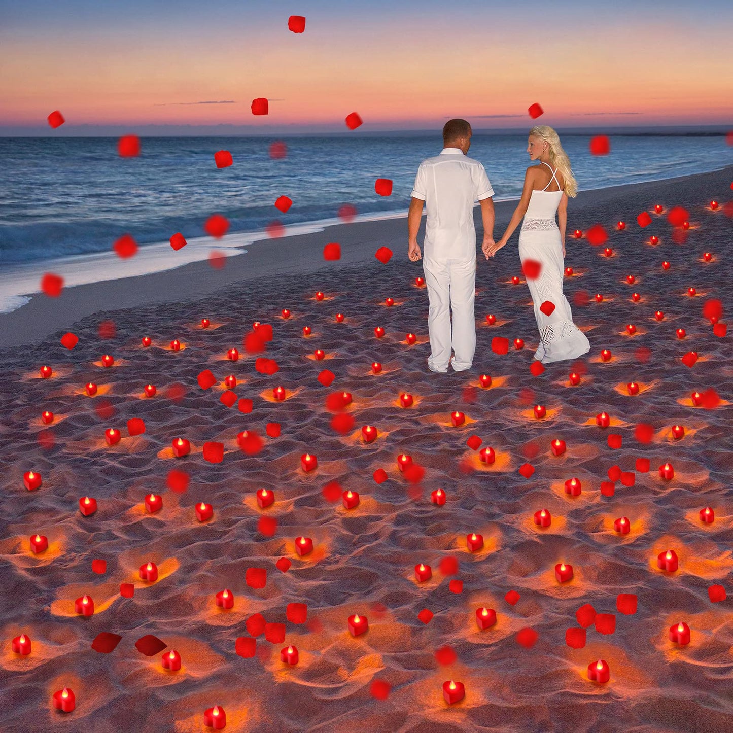 Coume 6000 Pieces Artificial Rose Petal 72 Pieces LED Tealights Candle, Romantic Decorations Special Night Rose Petal Heart Candle for Valentines Wedding Anniversary Proposal Decor(Red Light)