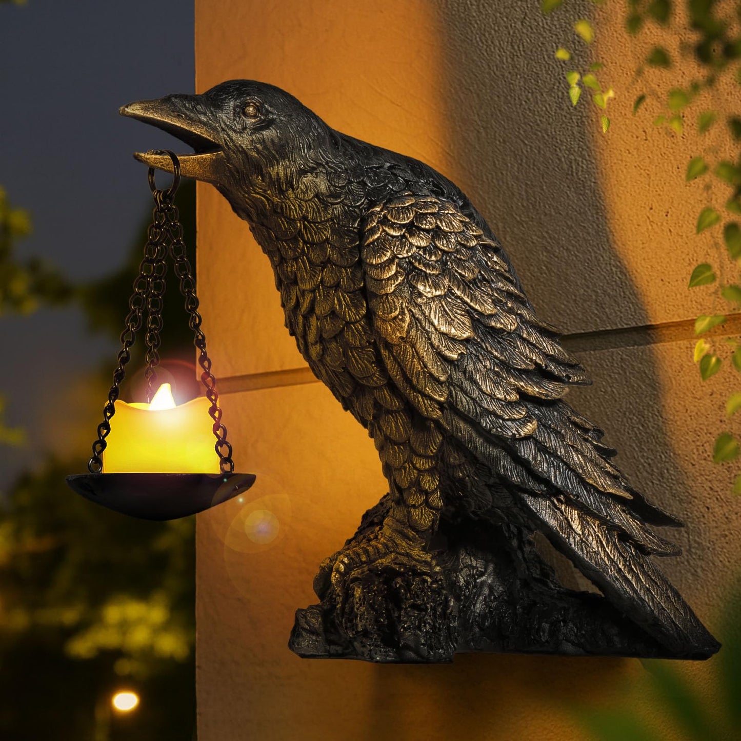 Gothic Crow Wall Art Decor Outdoor Wall Sconce Raven lamp Table Candle Holder Halloween Wall Decor for Patio Garden Bedroom Resin Tealight Statue Wearing Gold