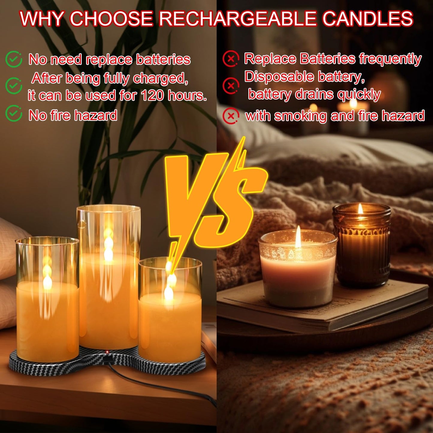 GenSwin Rechargeable Candles with Charging Station, Glass Battery Operated Flamless Candles with Remote Timer, LED Pillar Flickering Candle for Halloween Christmas Wedding Home Decor(Pack of 3, Gold)