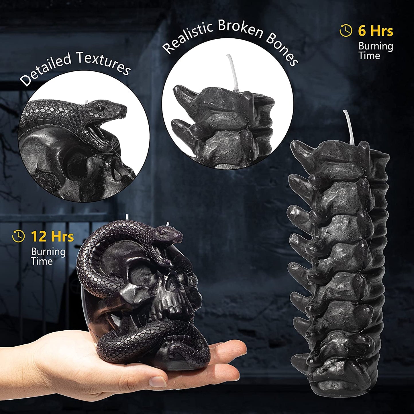 Skull & Spine Candles 4 Pack - Skeleton Snake, Spine & Black Bones Candle, Skulls, Magic Skulls Candlestick Spooky Gothic Emo Decor, Home & Bar Decoration, Large Creepy Skeletons Decorations