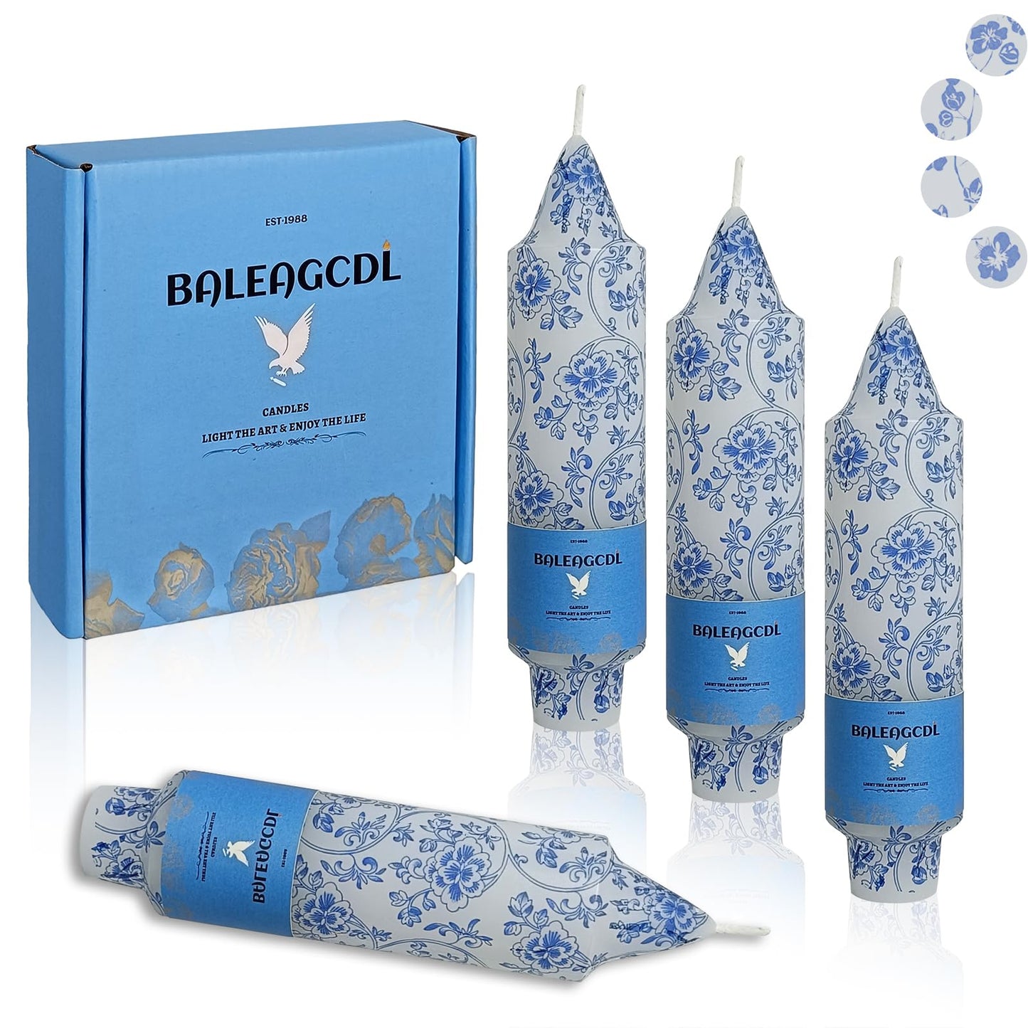 Floral Taper Candle Handmade Unscented Candlesticks 5 Inch Short Candle Sticks Blue Flower Print Tapered Candles for Home Party Wedding Decor & Gifts Set of 4