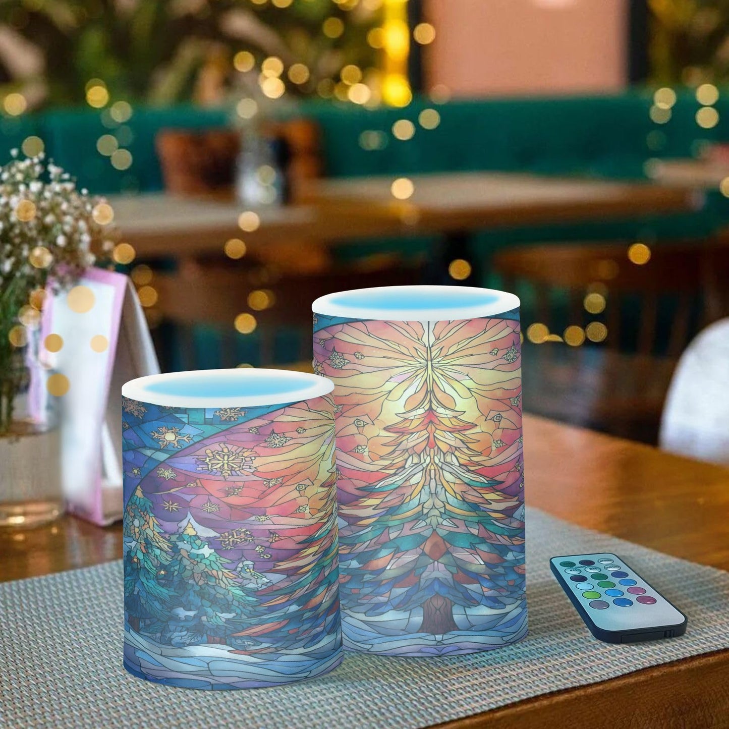 ALAZA Stained Glass Christmas Tree Winter Flameless Candles Flickering LED Candles with Remote Timer Battery Operated Pillar Candles Set of 2 for Dinner Holiday Decor