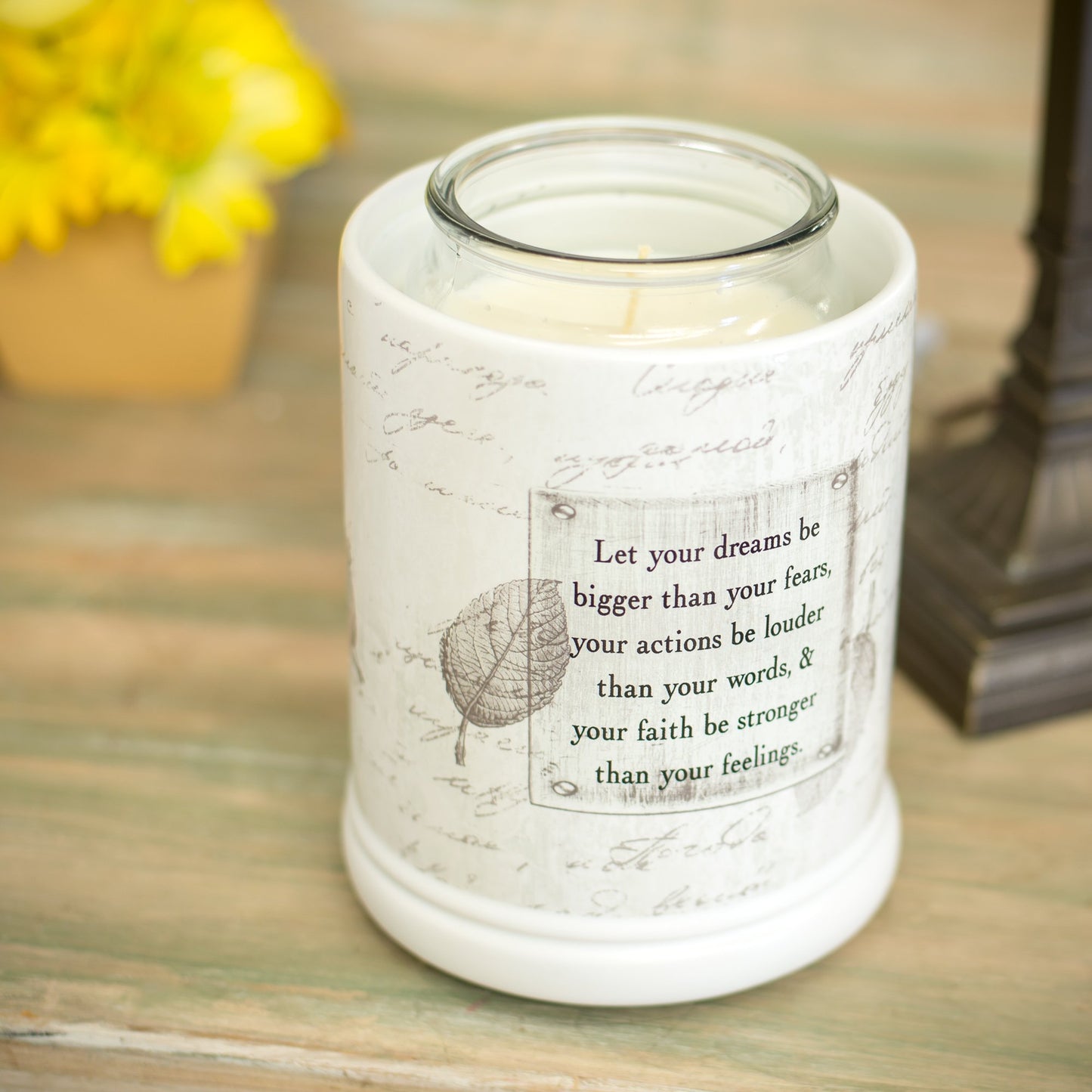 Elanze Designs Dream Bigger Actions Louder Faith Stronger Grey Leaves White Ceramic Stone Jar Warmer
