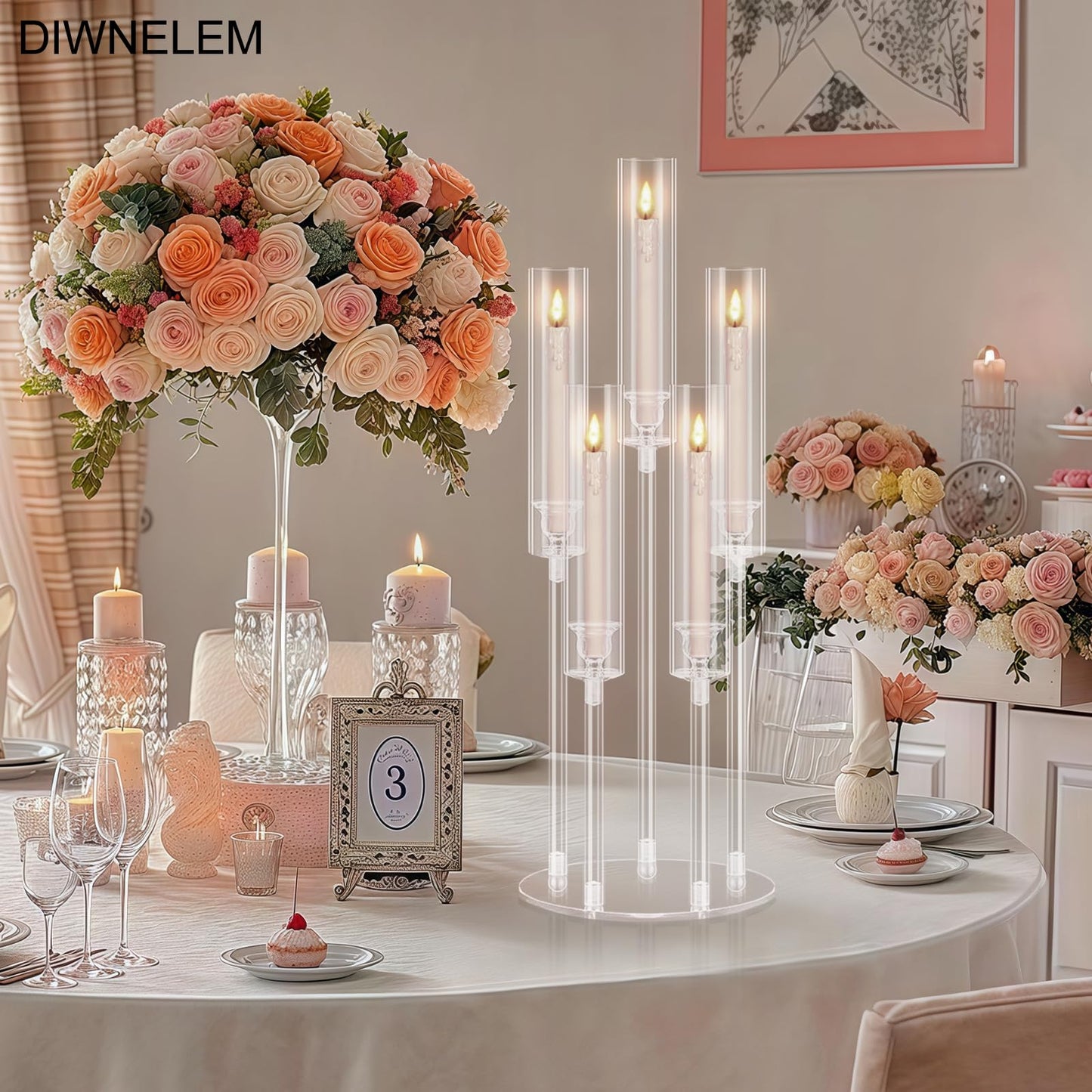 DIWNELEM 4Pcs Acrylic Candelabra Centerpieces for Wedding 5 Arm Clear Candle Candlesticks Holders 25.5" Tall Crystal Taper Candlestick with Shade Fit 0.87'' Led Candle for Christmas Party Home Decor