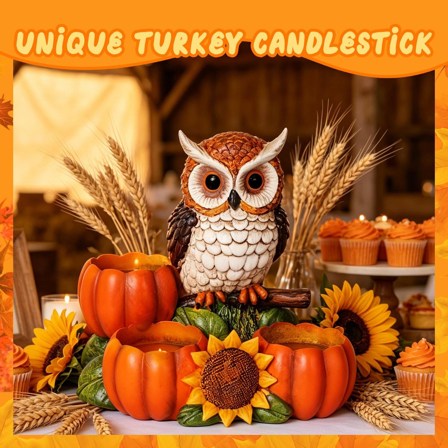 Fall Owl Candle Holder with 3 Pumpkin Tealight Holders & Sunflower, Rustic Owl Statue Thanksgiving Table Centerpieces Autumn Decorative Candle Holders for Home, Farmhouse