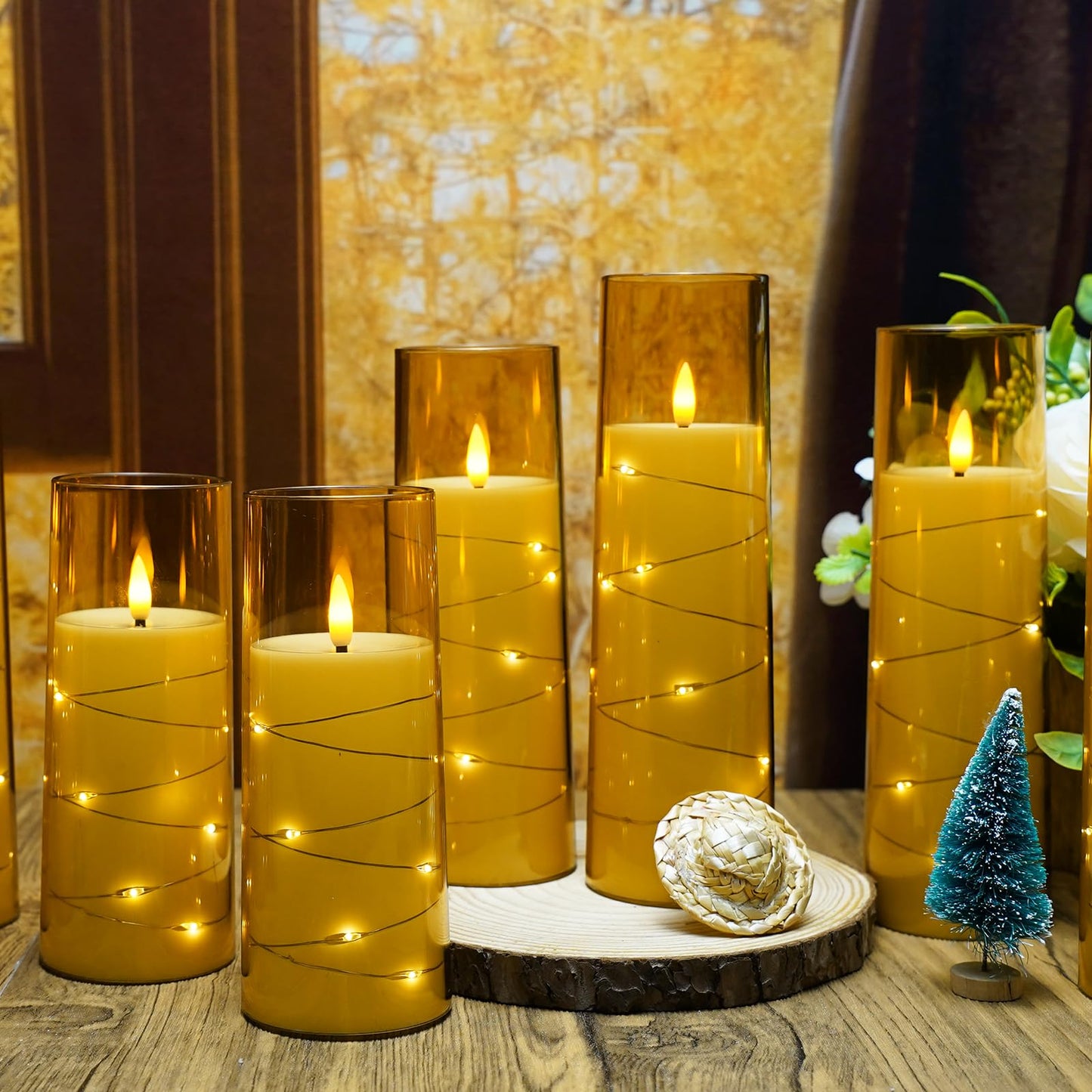 kakoya Flameless LED Candles with Timer 9 Pc Flickering Flameless Candles for Romantic Ambiance and Home Decoration Stable Acrylic Shell,with Embedded Star String，Battery Operated Candles（Gold）