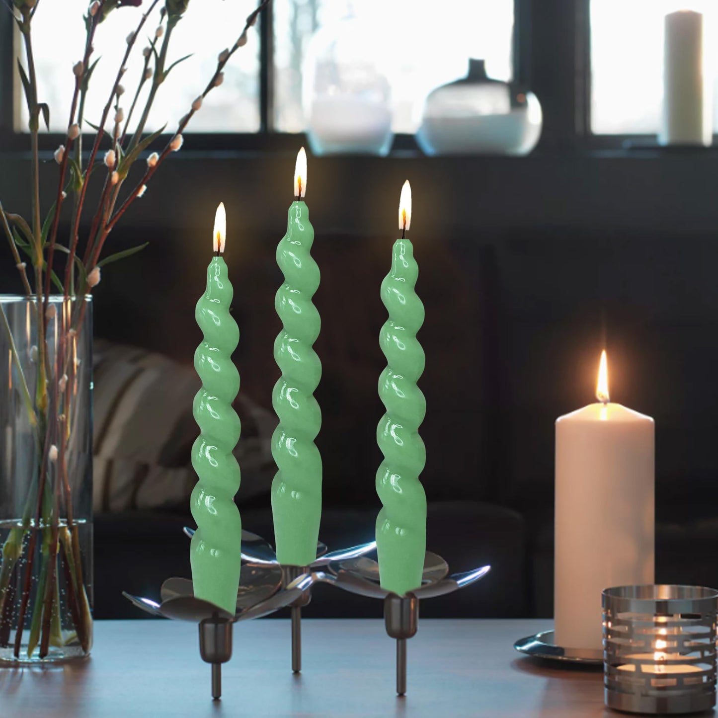 7.5 Inches Spiral Taper Candles Sage Green Twisted Candle Dripless Unscented Short Candles, Handmade Candlesticks for Wedding Dinner Decor, Set of 4