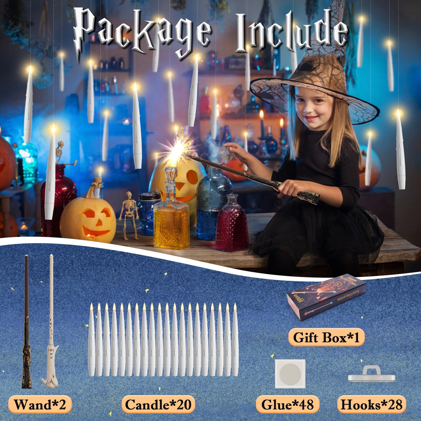 JOIONE Floating Candles with Wand, 20 Pack Hanging Candles with Magic Wand Remote, Battery Powered Floating Candles with 2 Wand, Flameless Magic Hanging Taper Candles for Xmas Halloween Decor, White