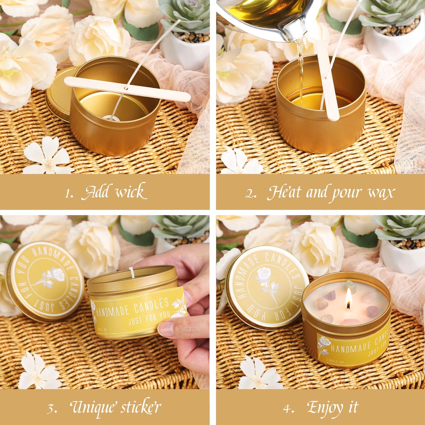 CONNOO 48 Pack Candle Tins - 24pcs 8oz + 24pcs 4oz Matte Gold Candle Jars with Lids for Making Candles, Bulk Empty Candle Containers with Sticky Warning Labels for Candle Making, Storage, and Gift