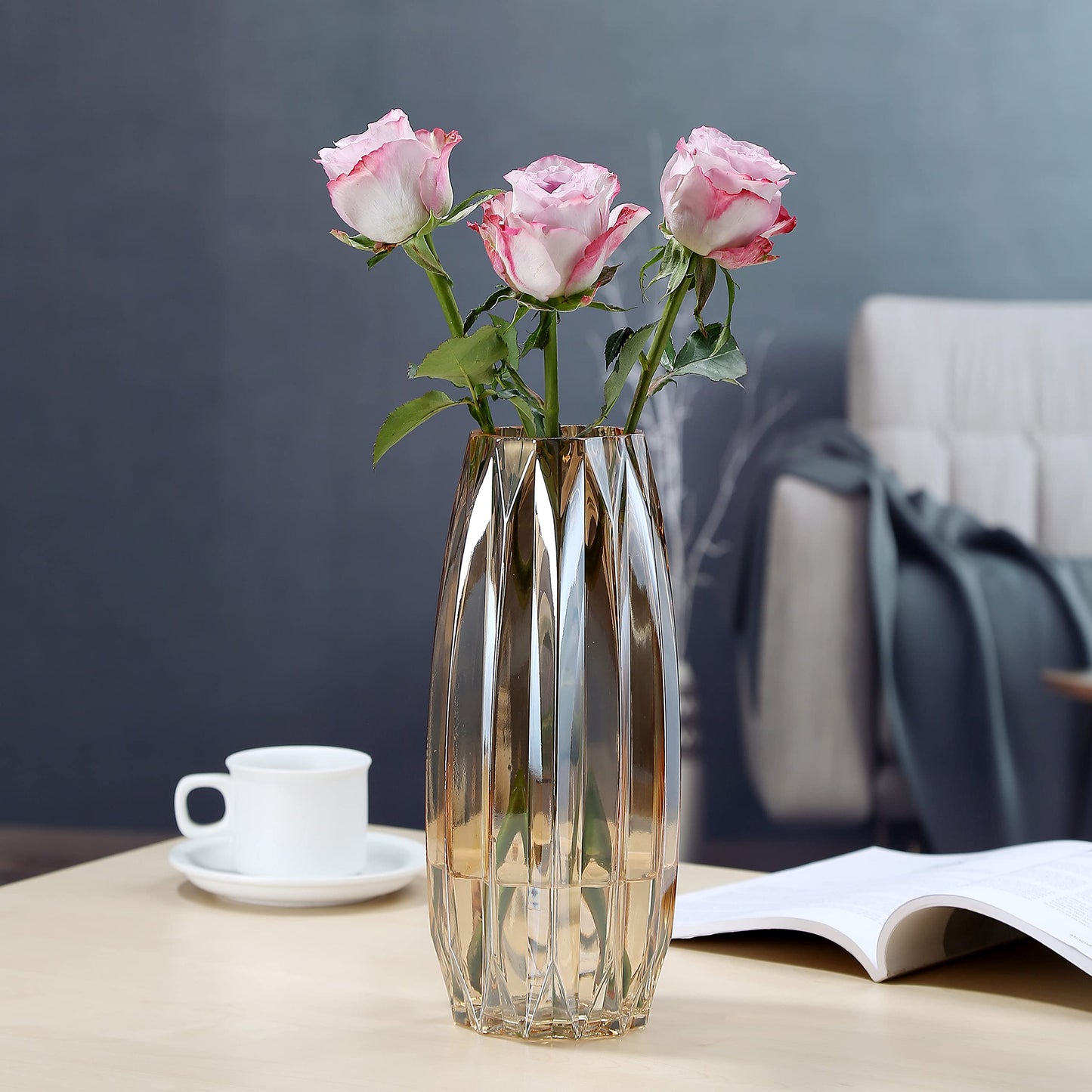 Lucky Bird Amber Glass Vase - Modern Tall/Short Ribbed Vase for Flowers & Candles - Amber H11.8" Centerpiece HomeDecor