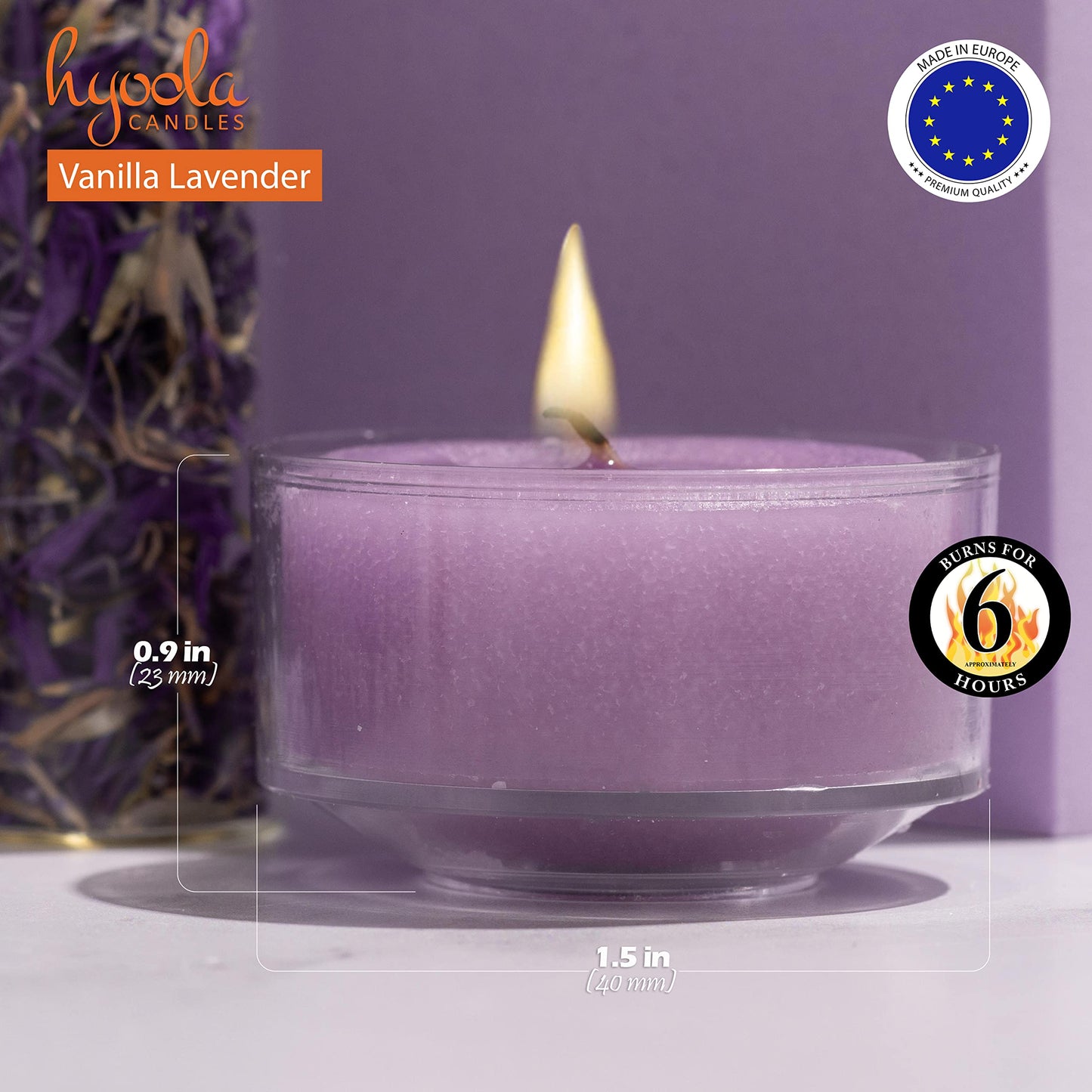 HYOOLA Scented Tealight Candles - Clear Cup - Vanilla Lavender Tealight Candles Scented - 6 Hour Burn Time - 15 Pack - European Made