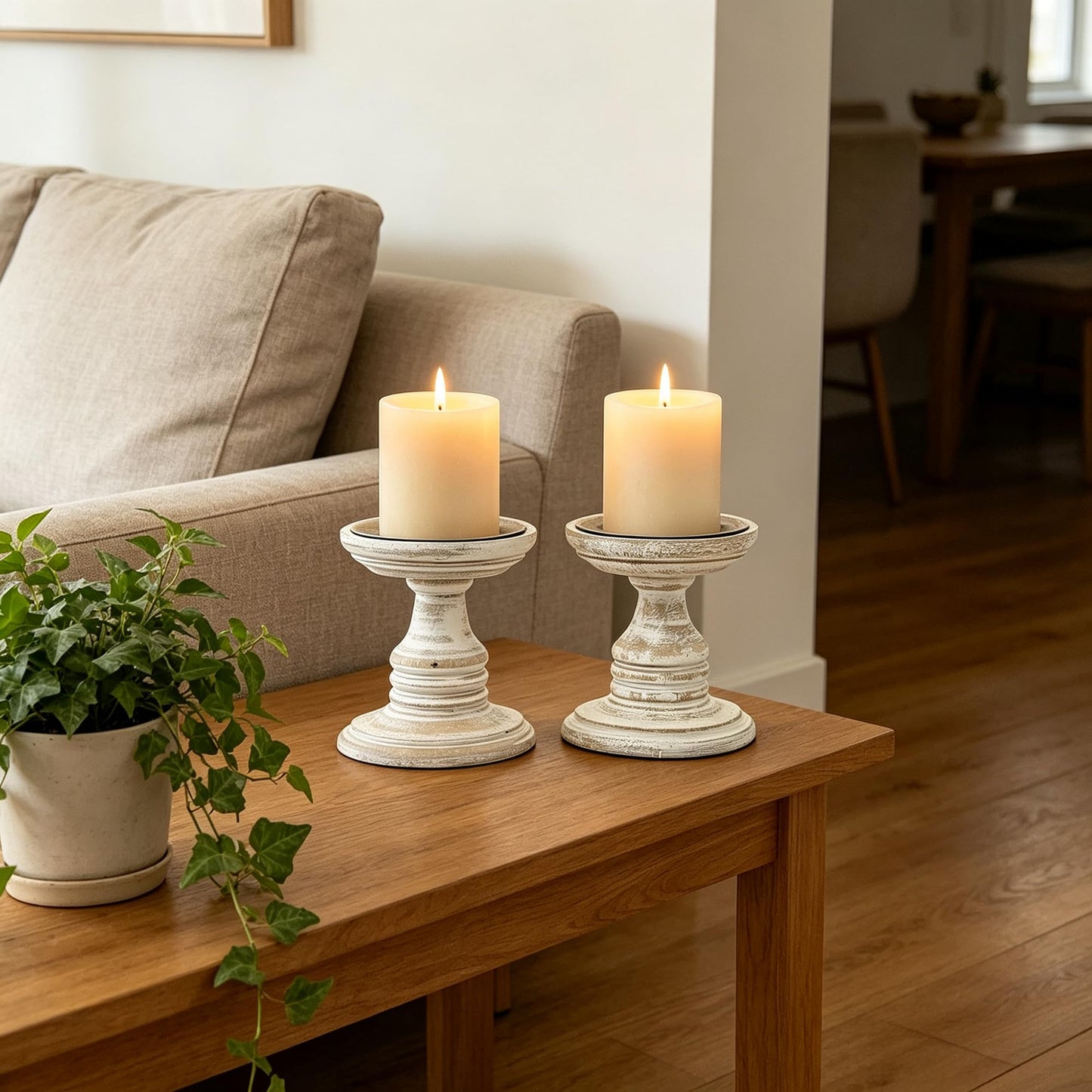 Hosley White 5 Inch High Wooden Pillar Candle Holder Country Style. Ideal Gift for Wedding Party Home Spa Reiki Aromatherapy LED Votive Candle Gardens W1