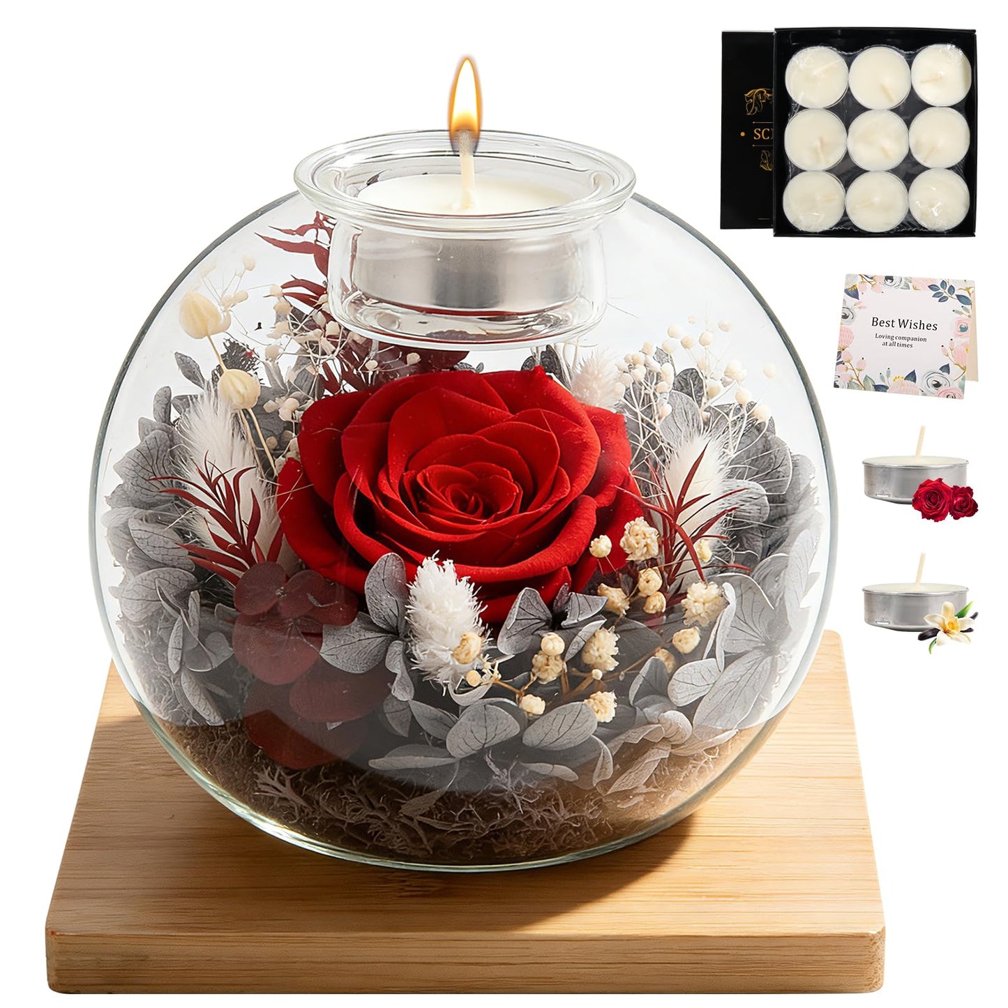 Gift for Women Preserved Rose Flowers in Glass Candle Decor Eternal Love Preserved Flower Gift Birthday Flowers for Girlfriend,Wife,Mom,Her Delivery Prime Set Perfect Glass Flowers (Red)