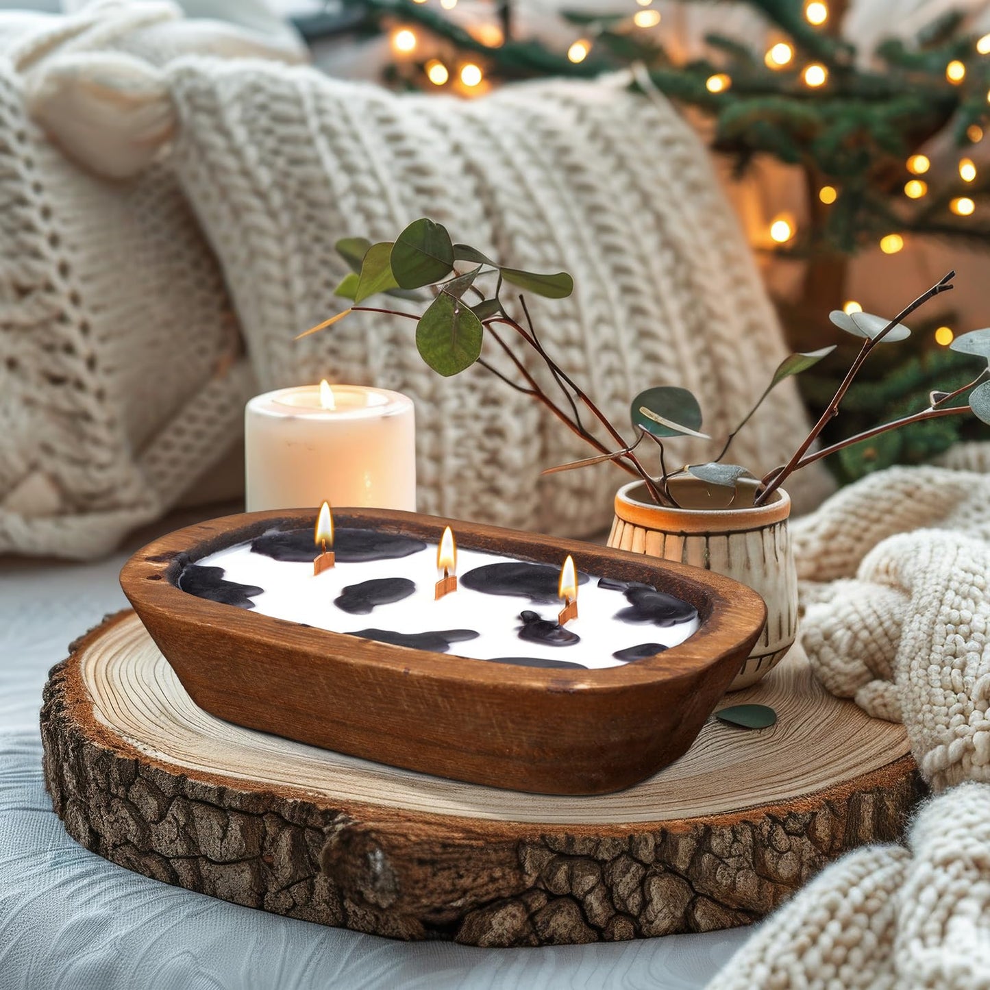 Siifert Wooden Dough Bowl Candle 3 Essential 20 Ounce Natural Soy Oil Wick Candle Wax Melts Rustic Farmhouse Decor Gifts for Women and Men(Cow Print)