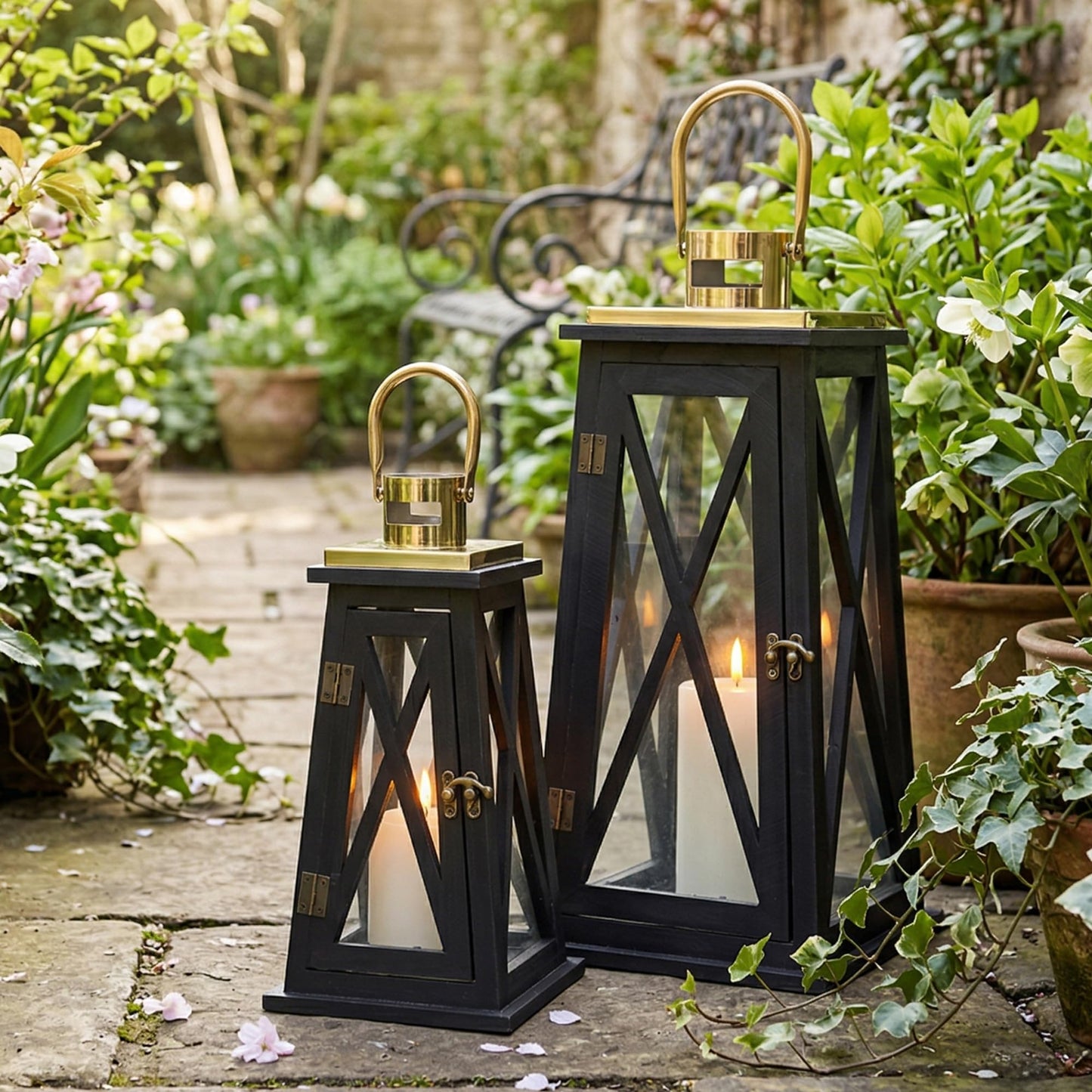 TRIROCKS Set of 2 Farmhouse Wood Candle Lantern 22'' &15.5'' H Decorative Candle Holders with Tempered Glass Rustic Hanging Lantern for Garden Patio Wedding Parties Indoor Outdoor(Black Trapezoid)