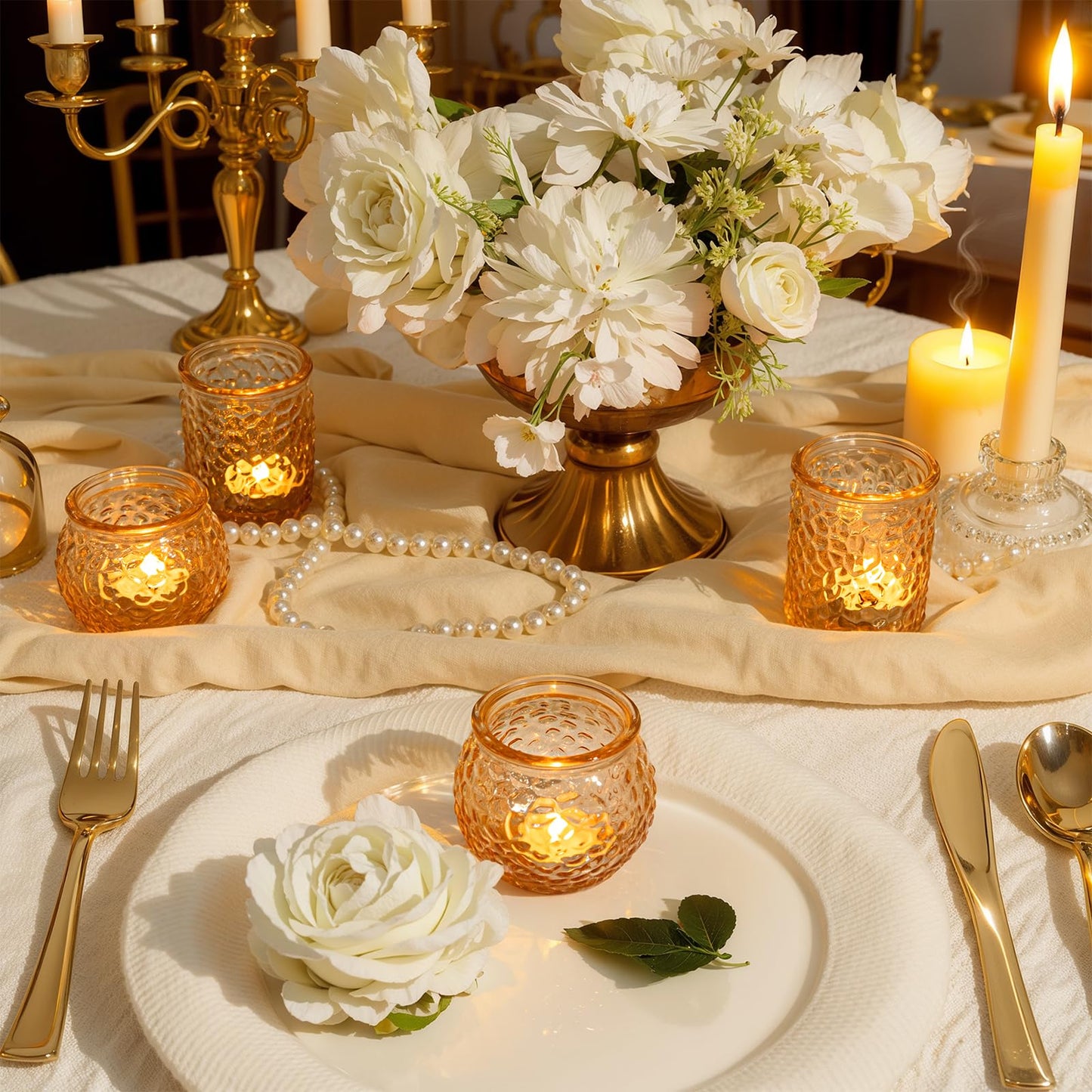 24-Piece Gold Glass Votive Candle Holders Set – Tealight Candle Holder Glass Bulk with 12 Round & 12 Hammered Textured Cups, Gold Votive Candle Holders for Weddings, Parties, Home