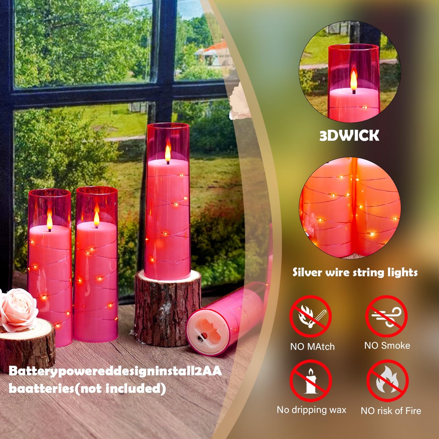 Sasigeiaa Flameless Candles with Embedded Star String - Battery Operated LED Candles, with Remote,12 Pink Flickering Candles for Christmas, Weddings, Home Decor & Party,(D 2.3"×H 5" 6" 7")