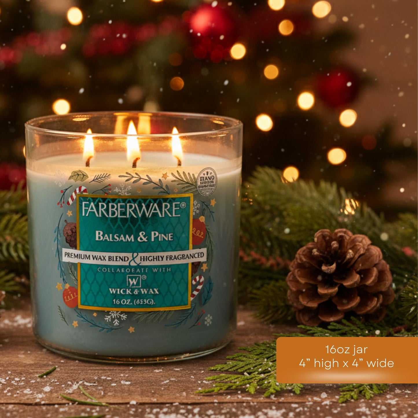 16oz Balsam and Pine Christmas Tree Jar Candle by Farberware – Soy Wax, Three Wick Highly Scented Candle for Entertaining, Personal Relaxation – Up to 65 Hours Burn Time – for Any Fragrance Lover