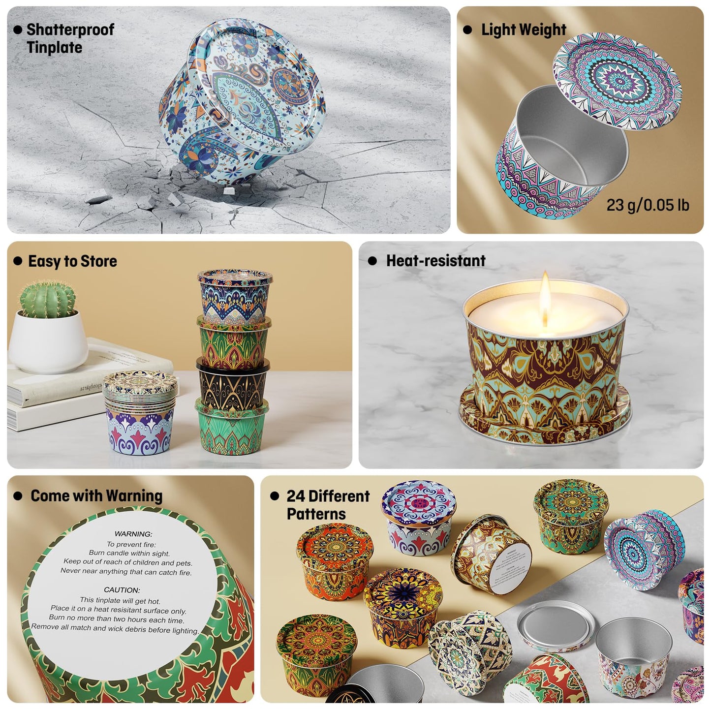 Nexuraze Empty Candle Tins for Making Candles with Lids, Tinplate Material, Warning Label Printed on Can Bottom (Colorful)