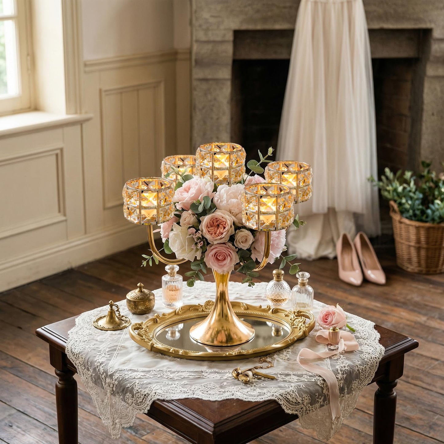 5 Arm Metal Crystal Candelabra Centerpiece - 13.4 Inch Elegant Candle Holder with Crystal Beads for Wedding Party Christmas Home Dining Table Decoration (2, Style-B-Gold)