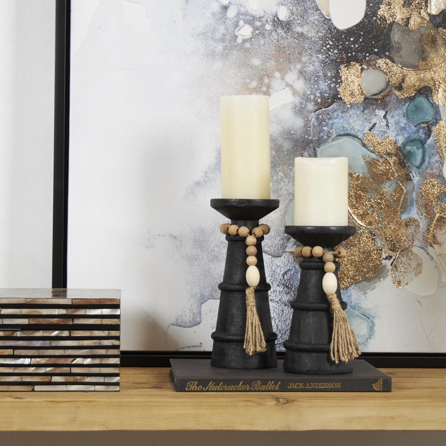 Deco 79 Wood Handmade Decorative Candle Holder Textured Matte Candle Stand with Beaded Garland Accent, Set of 2 Candlestick Holder 10", 8" H, Black
