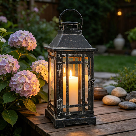 14" Vintage Metal Lantern with Glass Panels Rustic Decorative Candle Holder Lantern, Farmhouse Distressed Hanging Lantern for Indoor/Outdoor Patio, Garden, Entryway, Wedding Accents