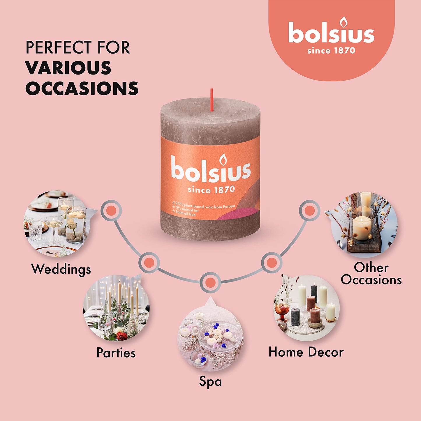 BOLSIUS 4 Pack Taupe Rustic Pillar Candles - 2.75 X 3.25 Inches - Premium European Quality - Includes Natural Plant-Based Wax - Unscented Dripless Smokeless 35 Hour Party and Wedding Candles