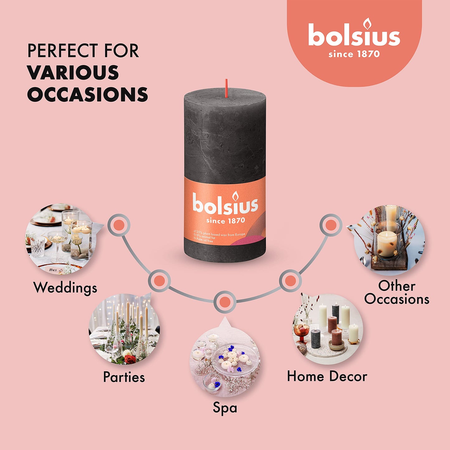 BOLSIUS 4 Pack Black (Stormy Gray) Rustic Pillar Candles - 2.75 X 5 Inches - Premium European Quality - Includes Natural Plant-Based Wax - Unscented Dripless Smokeless 60 Hour Party Decor Candles