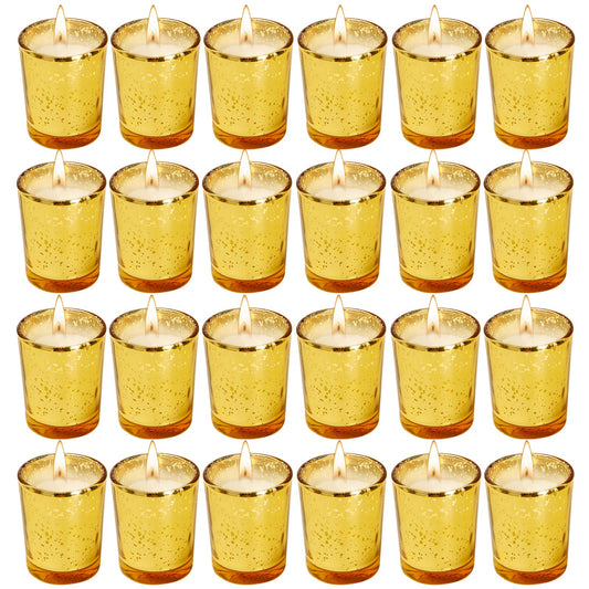 Soft Breeze 24 PCS Speckled Mercury Golden Glass Candle, Unscented Glass Votive Candle, Birthday&Wedding Decorations for Table Home，Anniversary Party Candles,Golden