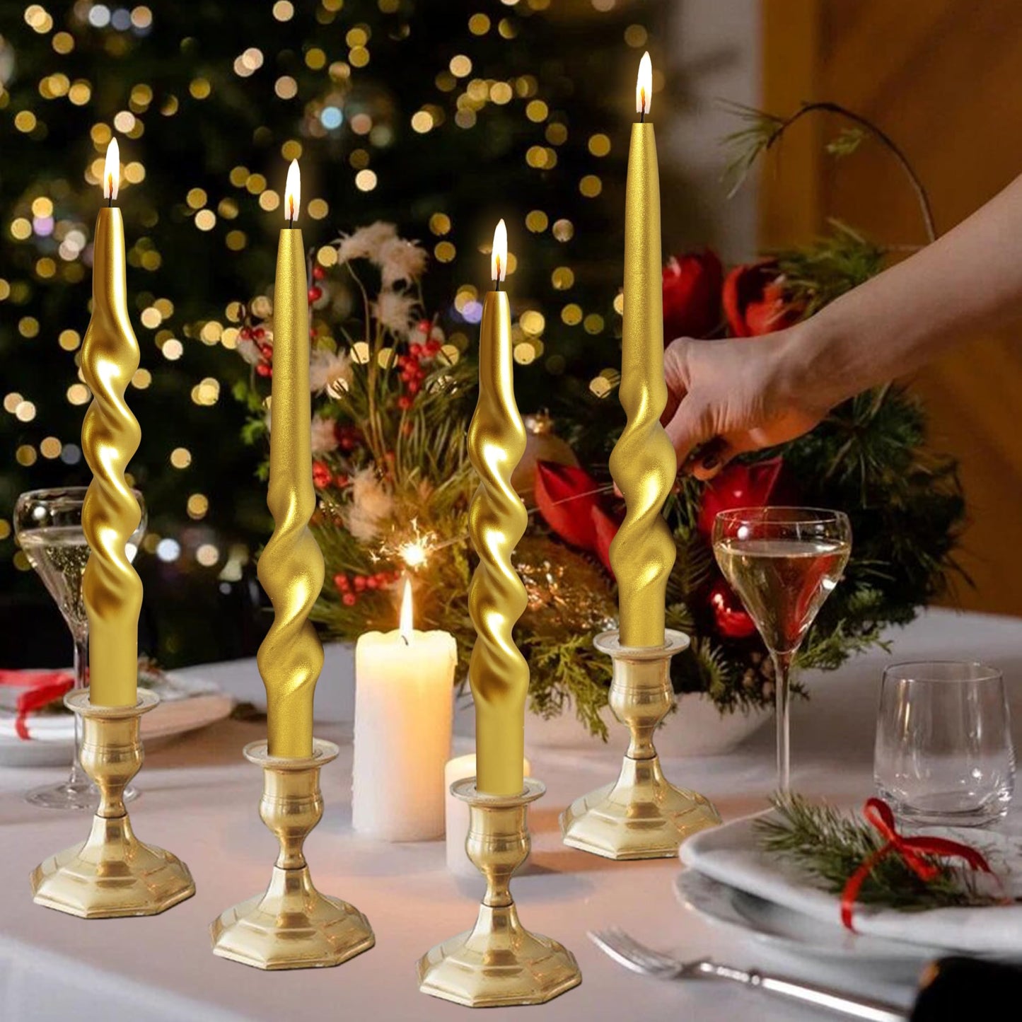 Christmas Spiral Candles Metallic Goldd Taper Candles -10 in Unscented Candlestick for Winter Gift Holiday Christmas Home Decoration Candles, 4 Pack