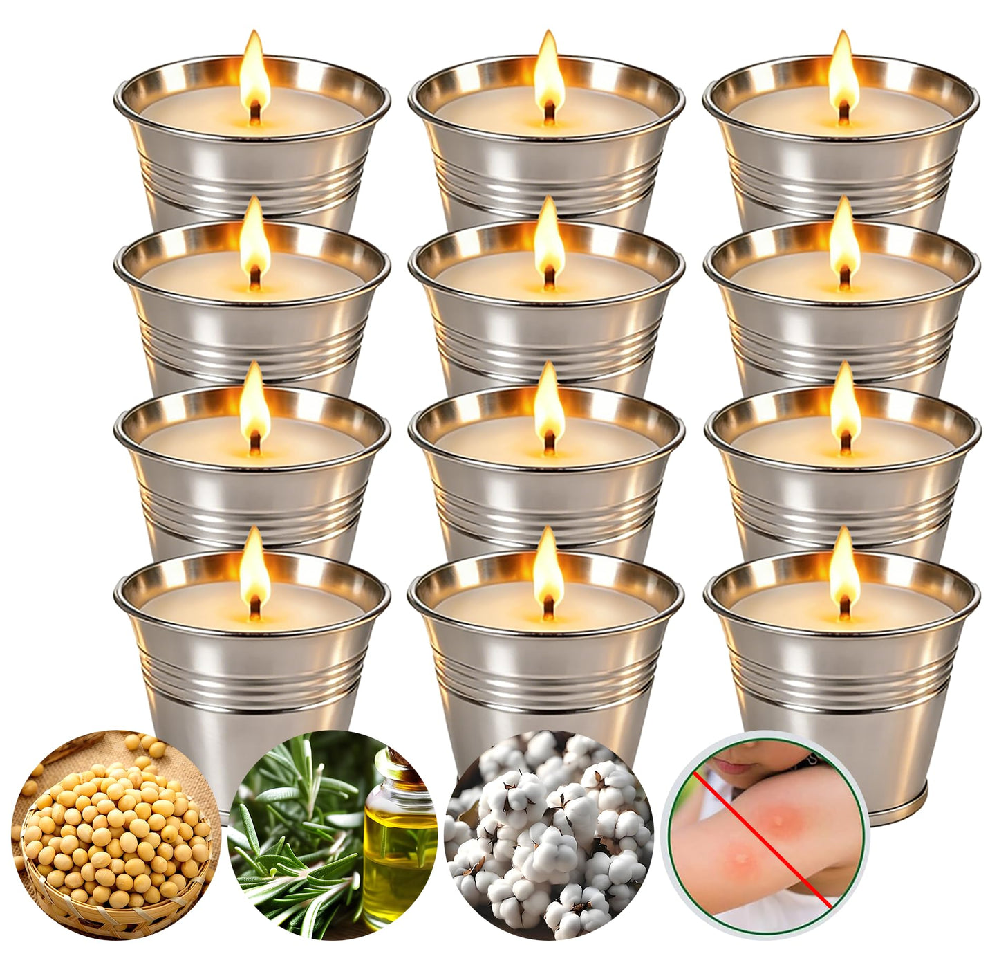 Citronella Candles Outdoor,Novel Steel Design 12-Pack,Use Natural Soy Wax & Citronella,15-Hour 2 oz Bucket Candles for Garden Camping Patio Backyard Balcony Family Party