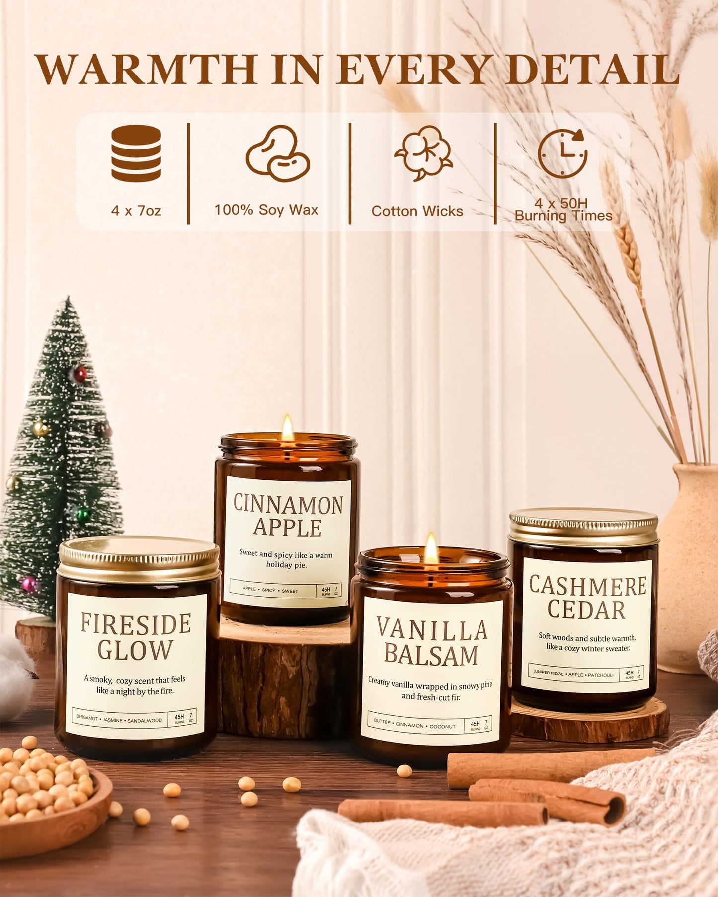 Scented Candles Gift Set for Women - 4 Pack Soy Candles for Home Scented, Long Lasting Winter Candle Set with Cashmere Cedar/Fireside Glow/Cinnamon Apple/Vanilla Balsam, Birthday Valentine's Day Gifts
