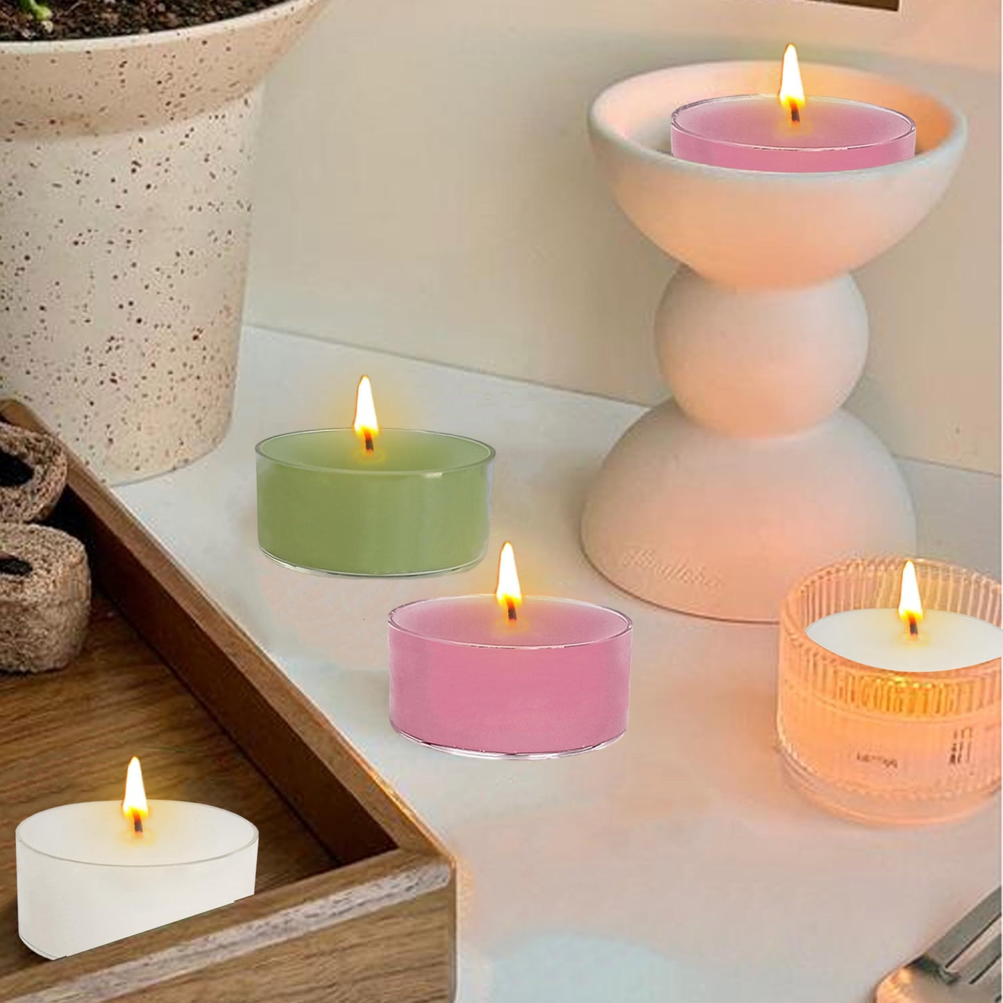 Scented Tea Light Candles 12 Pack Pastel Color Hand Poured Smokeless 4 Hours Clean Burning Small Round Clear Cups Tealight Candles for Romantic Dinners Wedding Centerpieces Cozy Evenings