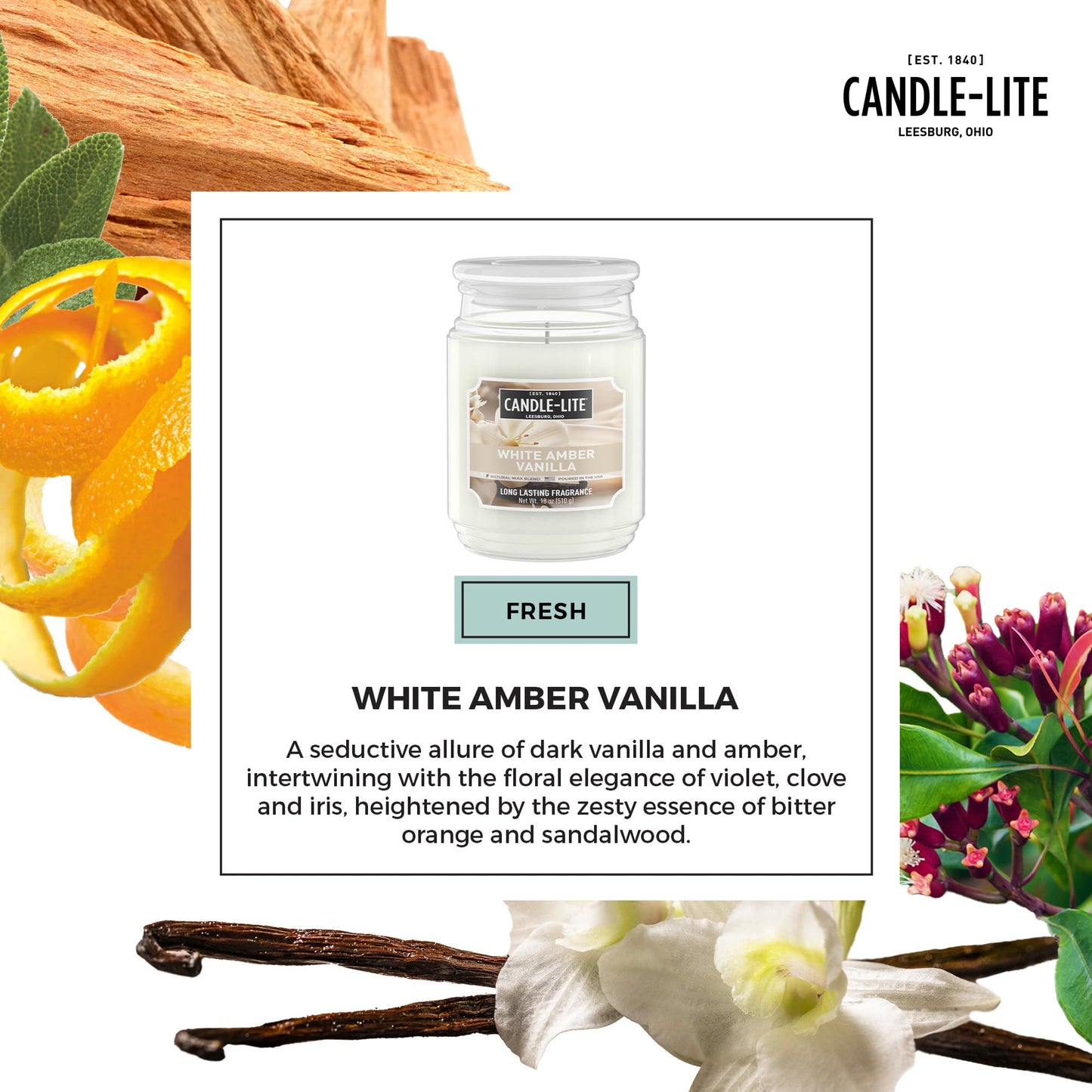 Candle-lite Scented Candles, White Amber Vanilla, 18 oz Jar, Proudly Poured in the USA, Aromatherapy Candle, Single-Wick with 110 Hours of Burn Time, Perfect for Creating a Relaxing Ambiance
