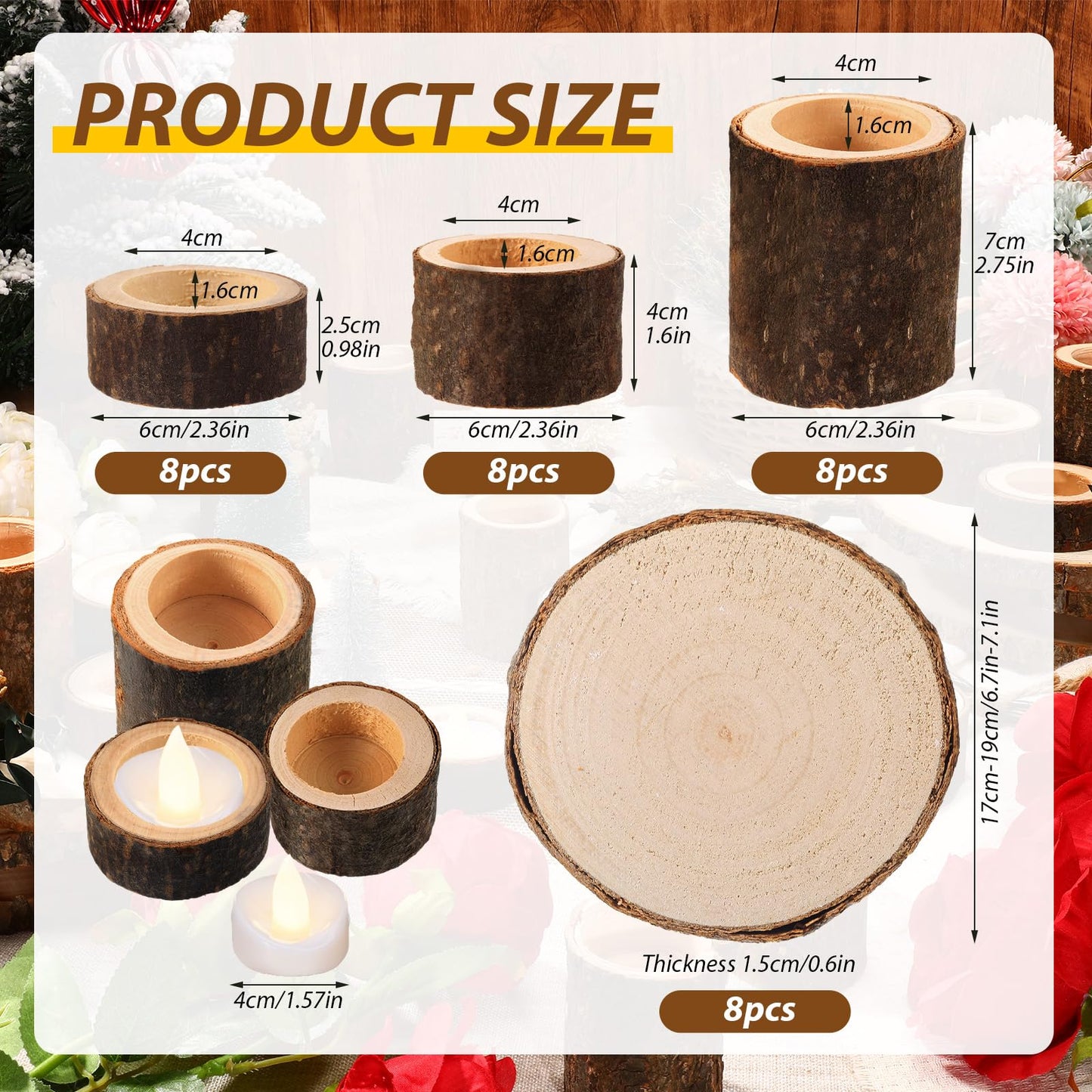 Mumufy 32 Pack Wooden Tealight Candle Holder with Wood Slices for Centerpieces Natural Rustic Candlestick Party Supplies for Table Dining Birthday Home Decor(Only Applicable to LED Candles)