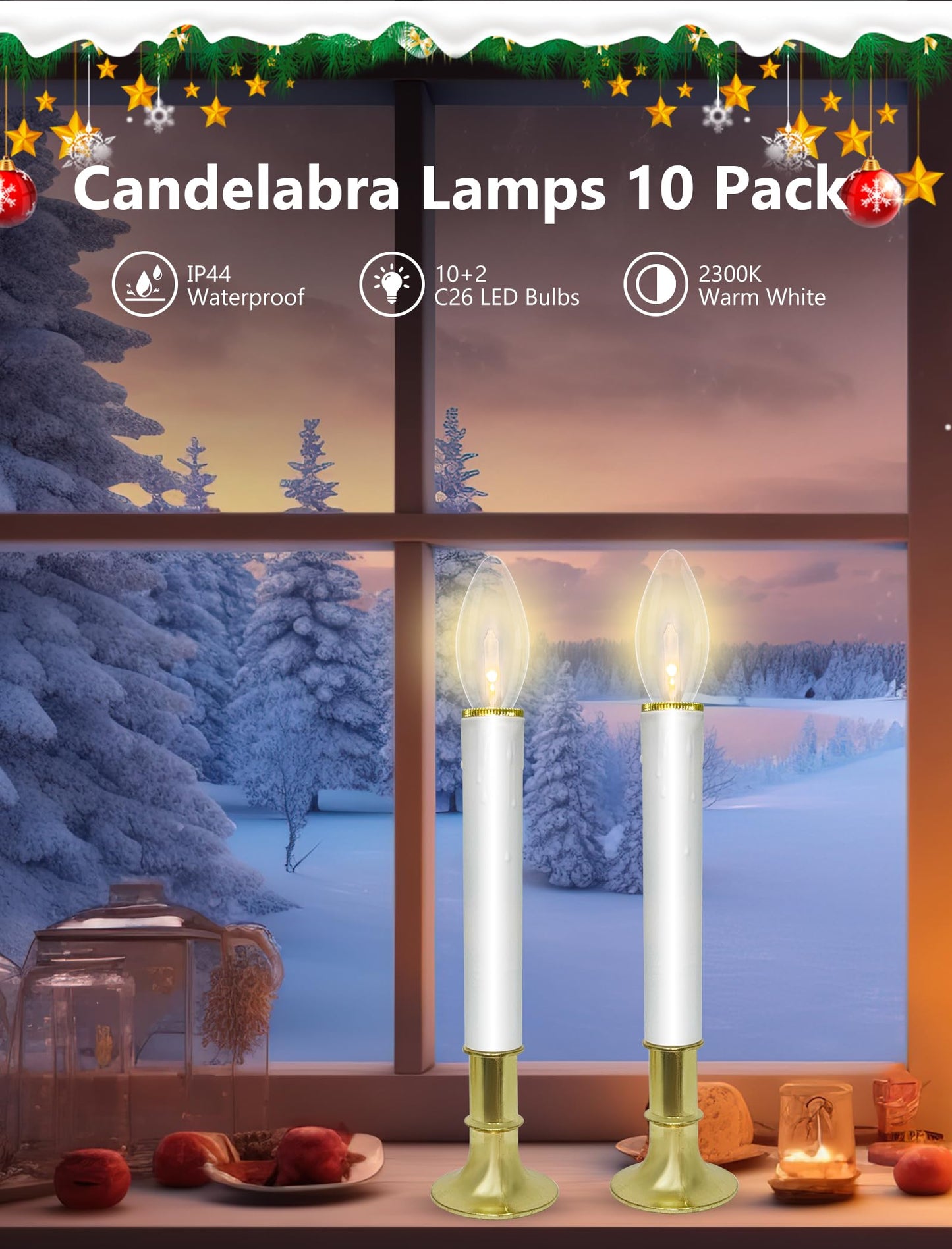 10 Pack Ultra-Bright LED Christmas Window Candles with Brass-Plated Base, Battery Operated Flameless Candles with LED C26 Warm White Bulbs Christmas Window Lights for Holiday Home Wedding Decorations