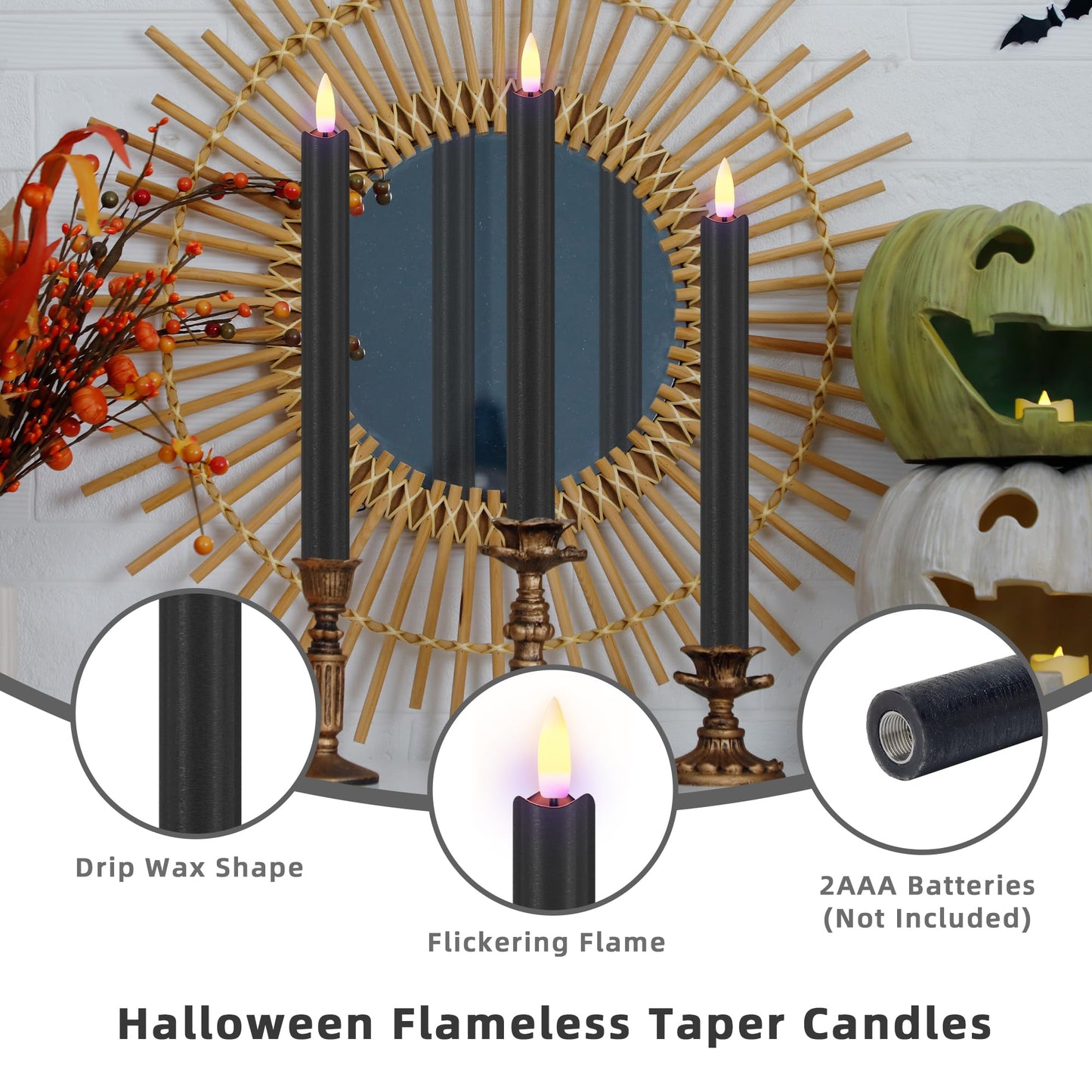 SHENSY Black Flameless Taper Candles, Set of 3 – 9.64" LED Candlesticks with 3D Flickering Flame, Real Wax Battery Candles with Remote and Timer – Elegant Halloween Window and Table Decor
