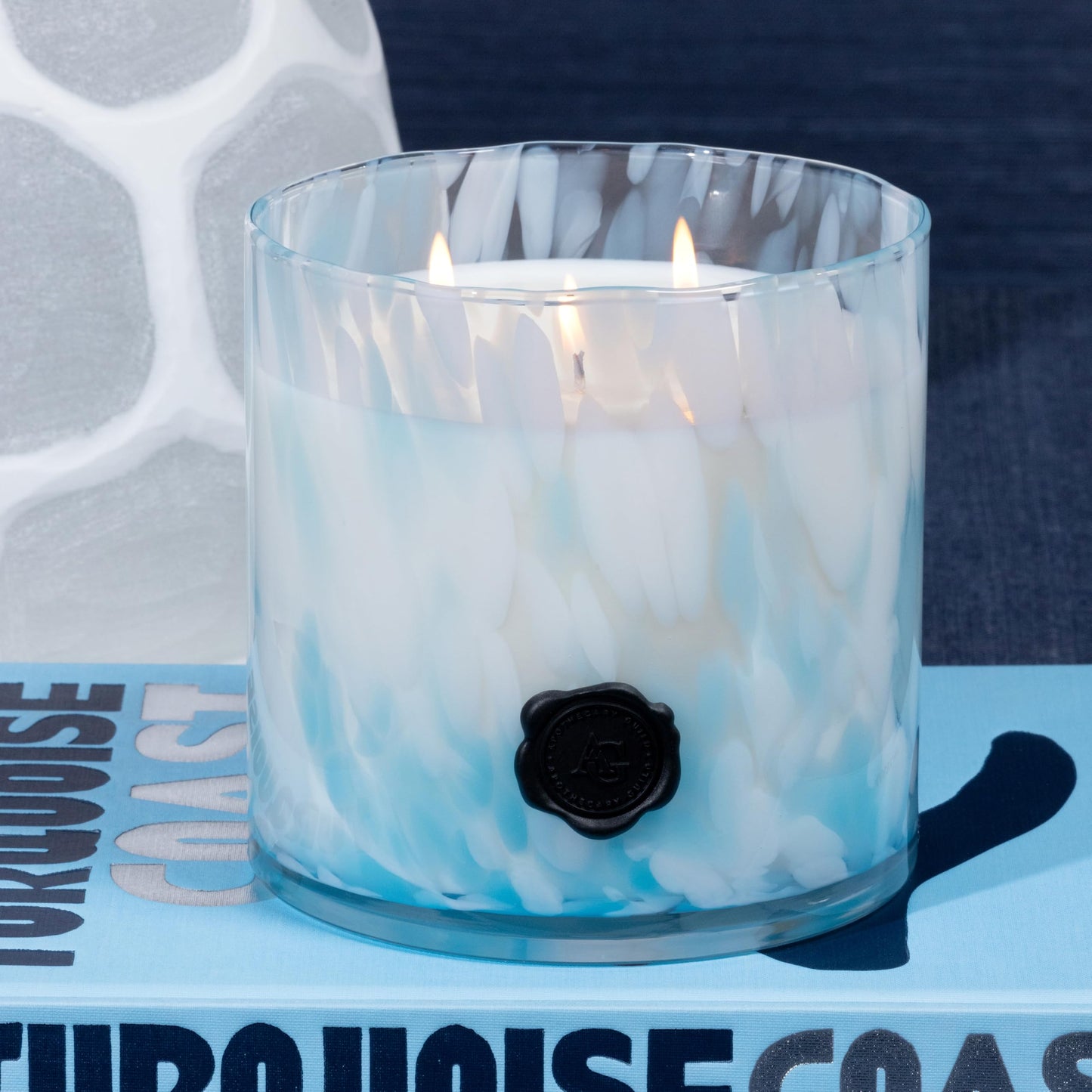 Zodax Apothecary Guild Apothecary Guild Opal Glass Five-Wick Candle Jar 8 in x8 in 250 Hours Burn Time Aqua Blue Sunset Beach