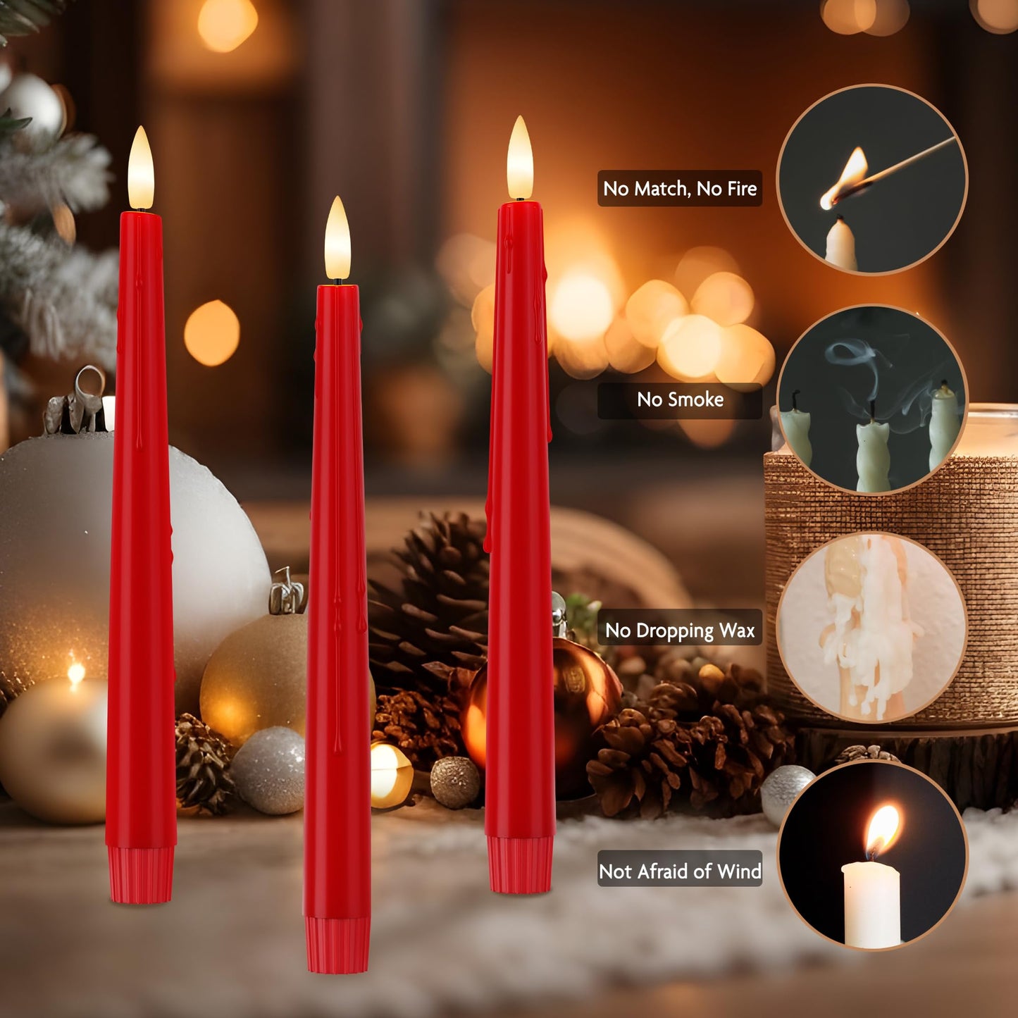 Red Flameless Taper Candles 9.6" Christmas LED Candles Real Wax with Remote Timer, Battery Operated LED Candles Set with 3D Flickering Flame, Classic Flickering Candlesticks for Home, Party, 3 Pack