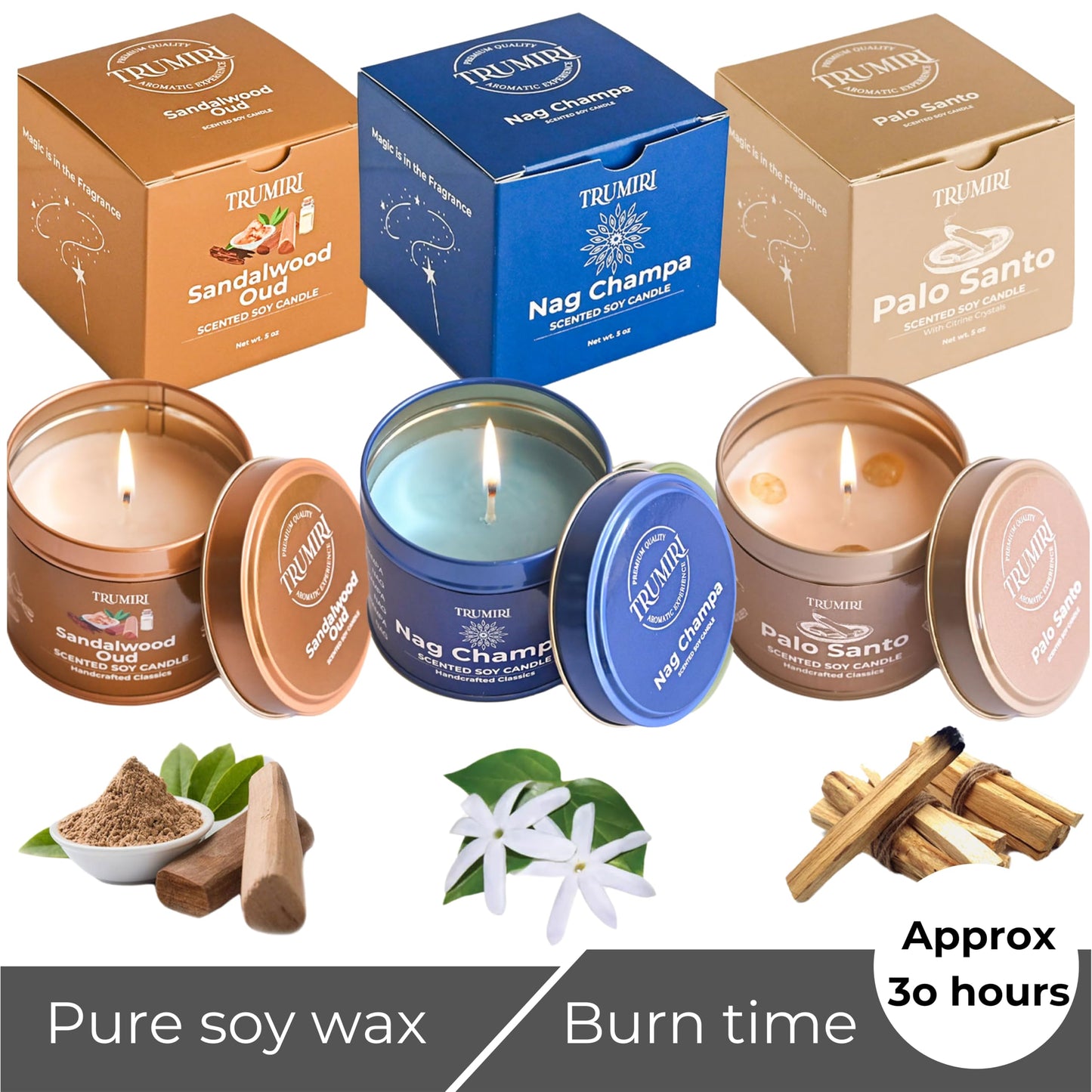 Palo Santo, Nag Champa, Sandalwood Oud - Soy Candles Non Toxic - Highly Scented Long Lasting with Essential Oils - Variety Pack of 3 x 5oz - for Home Aromatherapy Meditation Gift Travel