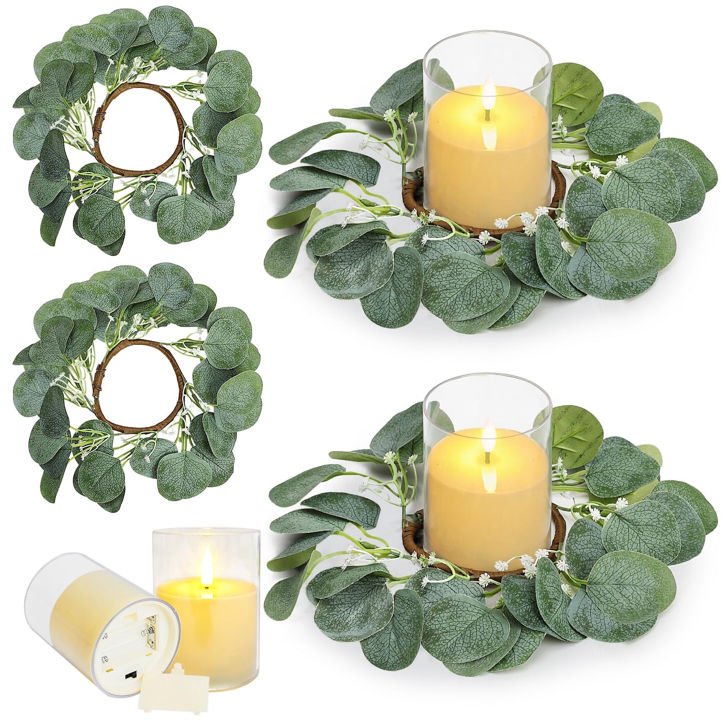 Tobilu 4 Pcs Candle Rings Wreaths with LED Candles - Eucalyptus Candle Rings Greenery Artificial Eucalyptus Leaves Pillar Holder for Wedding Centerpieces Home Table Party Decor