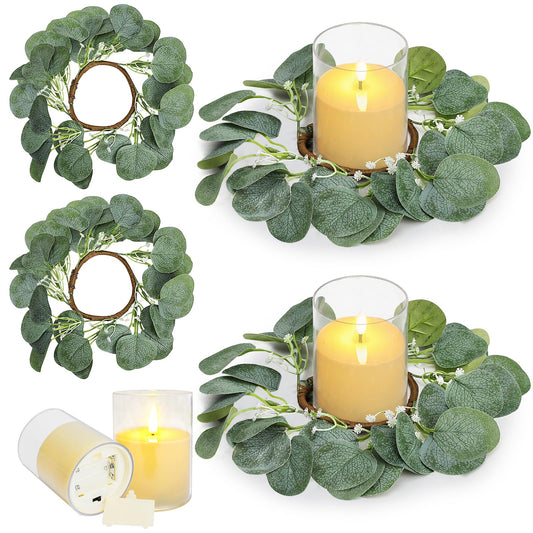 Tobilu 4 Pcs Candle Rings Wreaths with LED Candles - Eucalyptus Candle Rings Greenery Artificial Eucalyptus Leaves Pillar Holder for Wedding Centerpieces Home Table Party Decor