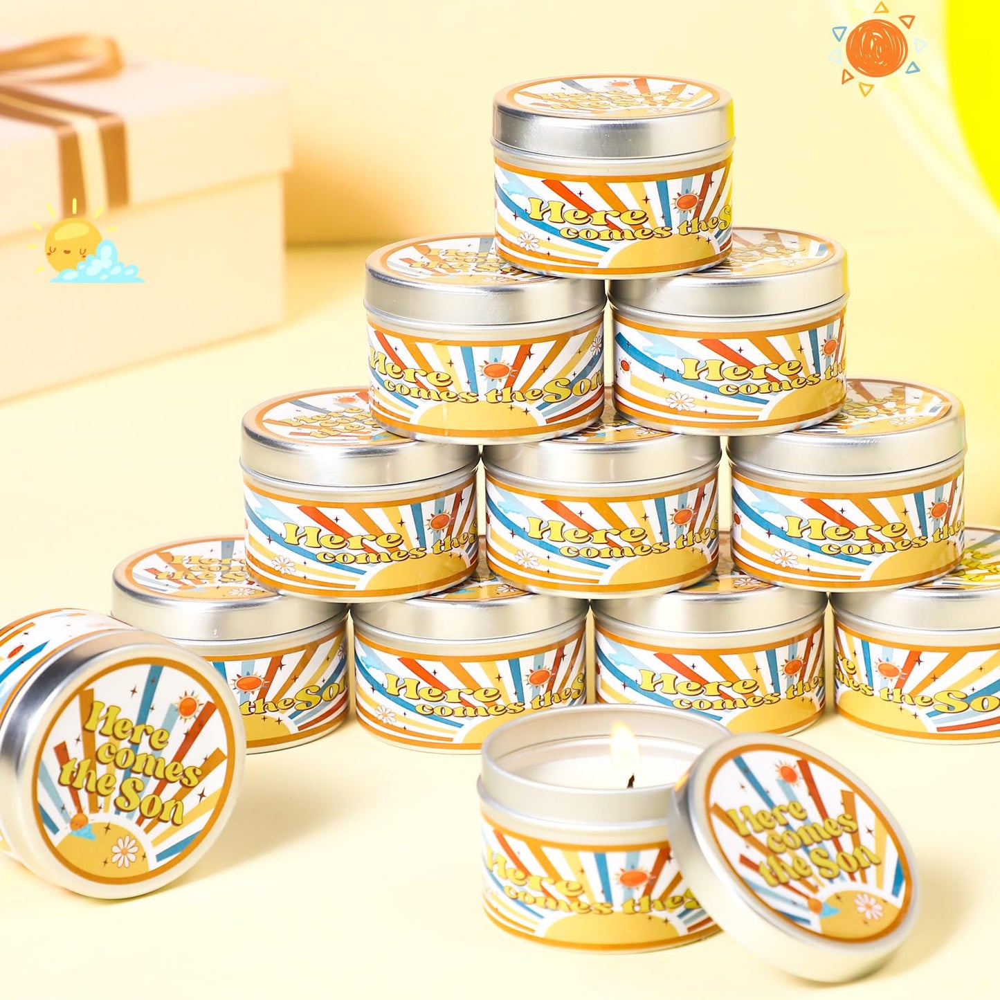 MTLEE 24 Pcs Here Comes The Son Baby Shower Party Favors Candles Lavender Scented Baby Shower Favors for Guests Rustic Tealights Candles Gender Reveal Return Gifts (1.2 oz, Yellow)