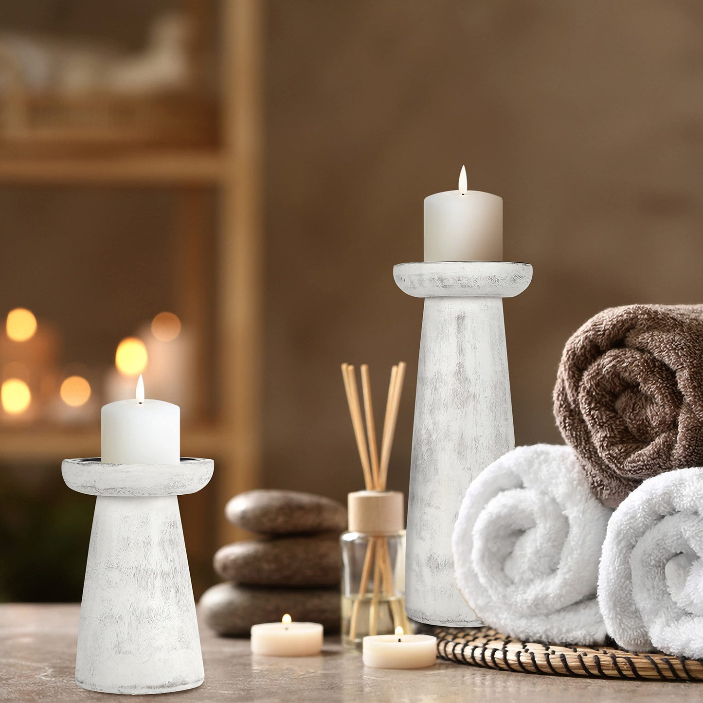 Hand Crafted Wooden Pillar Candle Holder Set of 3, Ideal for LED and Pillar Candle, Gift for Wedding, Christmas, Party, Home, Spa, Reiki, Aromatherapy,Votive Candle Gardens, 10,8,6 Inch, Antique White