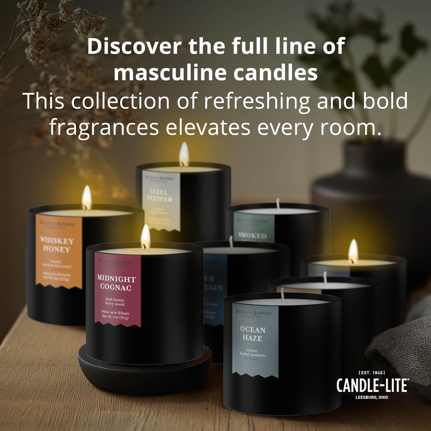 Candle-lite Rugged & Refined Scented Candle for Men, Oud Noir, 9 oz Tin, Poured in The USA, Masculine Fragrance, 1-Wick, 58 Hours of Burn Time, Ideal Gift for Man in Your Life & Father's Day