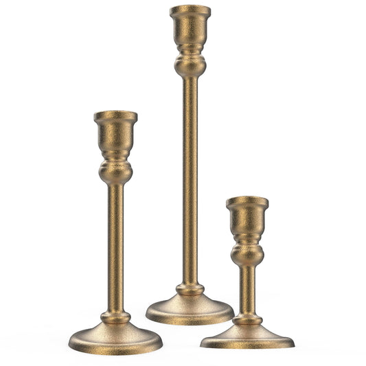 Desami 3-Piece Metal Candle Holders Set - Heavy Duty Alloy Taper Candlesticks for Table Centerpiece, Christmas, Dinner Party, Vintage Home Decor - 5-7.5 -10.3Inch Tall, Antique Gold Finish (Gold)