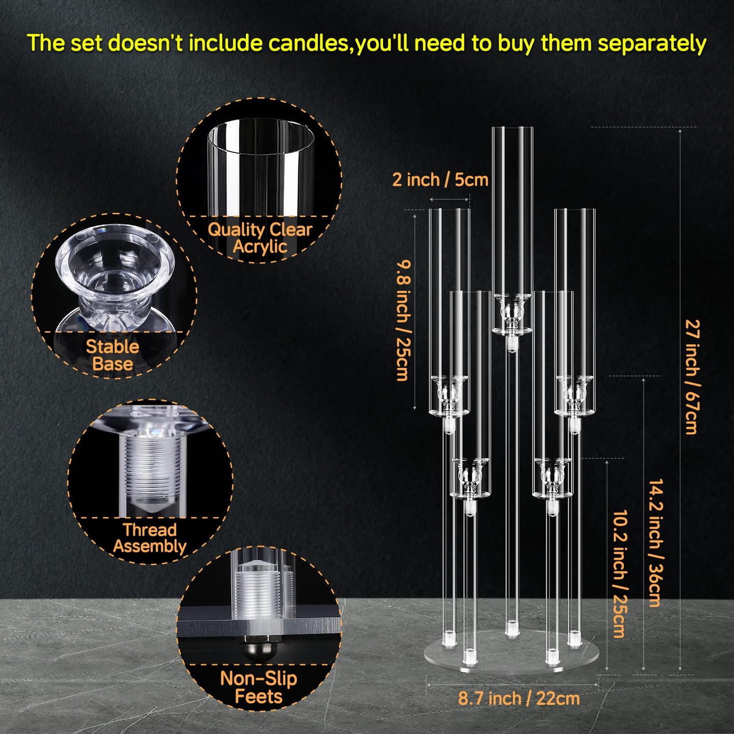 Clear 5 Arms Candlesticks Holder with Acrylic Shade for Wedding Table Decorations,26'' Tall Acrylic Candelabra Centerpieces for Candlelight Dinner Party Fireplace Gift Fit LED Candle（6 Pcs）